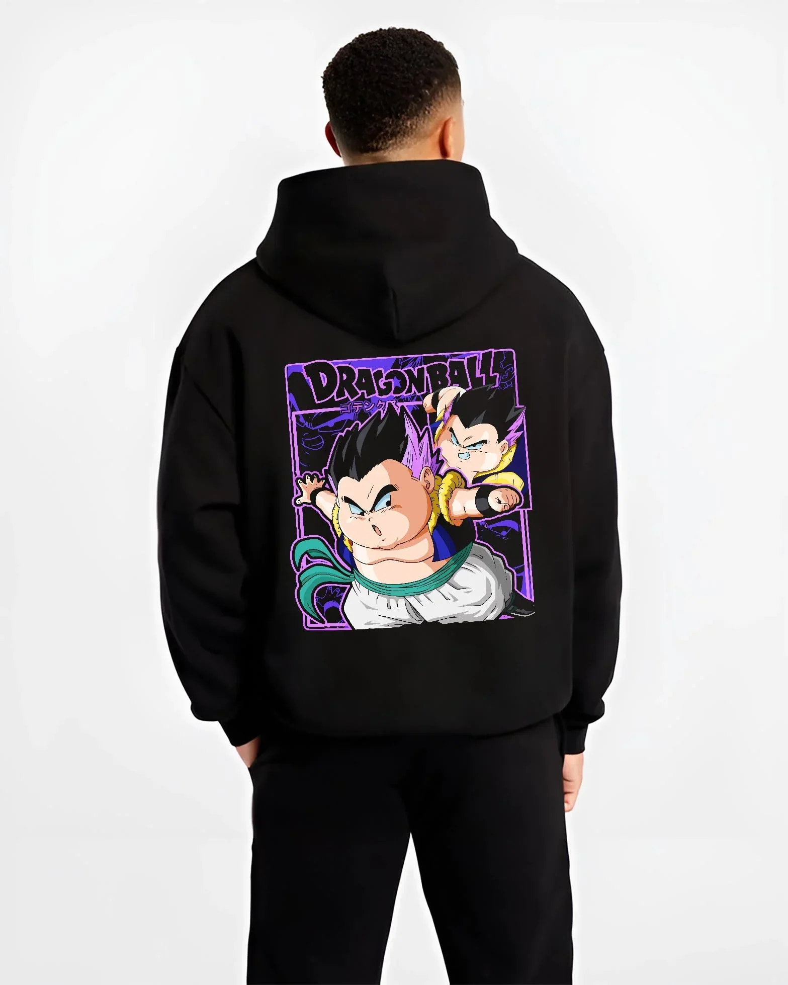 Black hoodie worn by male model, back view with Dragon Ball Z Hoodie Goten Trunks Fusion Dance Jumper graphic premium wear.