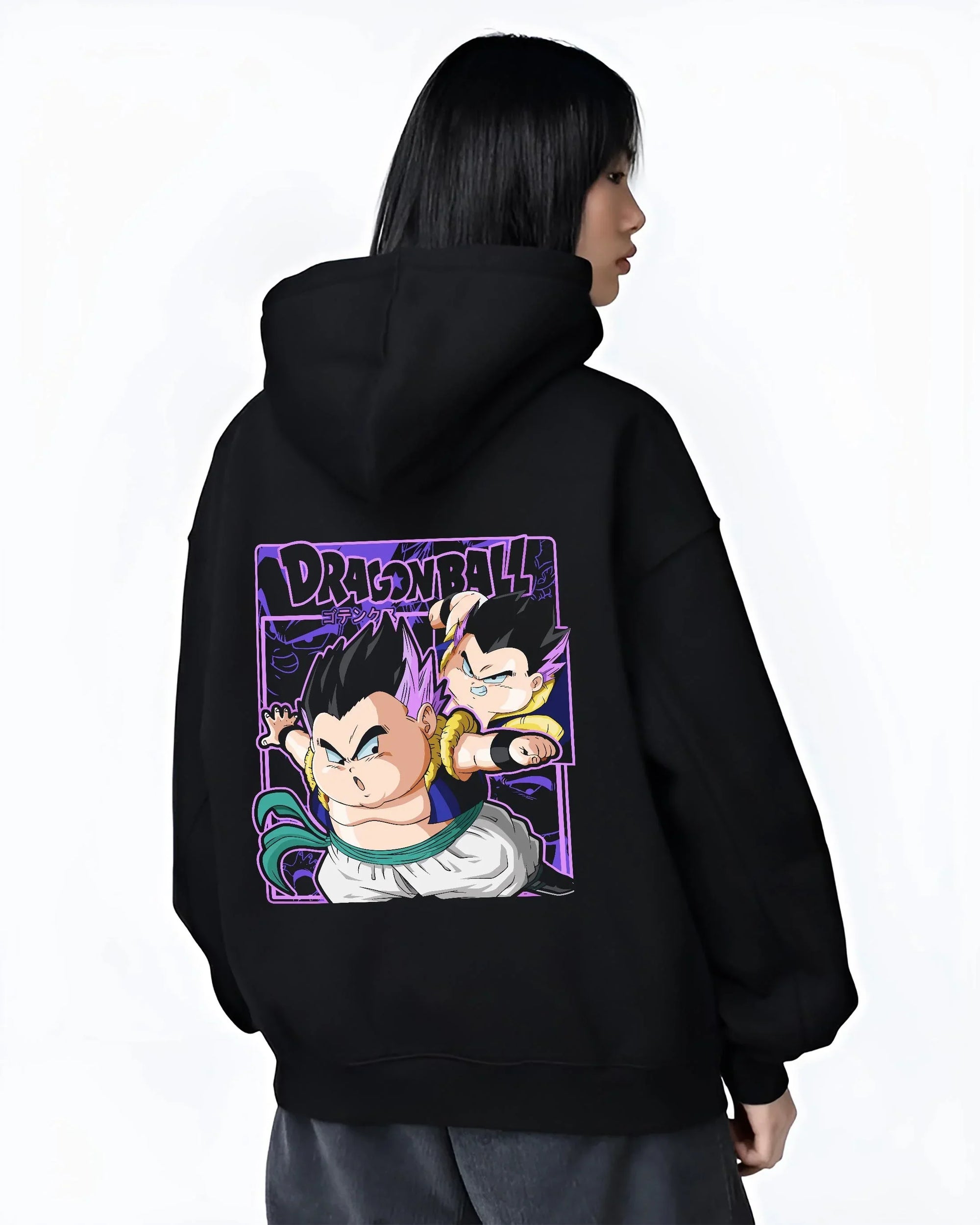 Black hoodie worn by female model, back view with Dragon Ball Z Hoodie Goten Trunks Fusion Dance Jumper graphic premium wear.