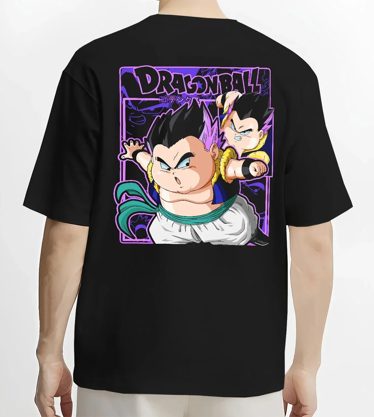 Black T-shirt worn by male model, back view with Dragon Ball Z Hoodie Goten Trunks Fusion Dance Jumper graphic premium wear.