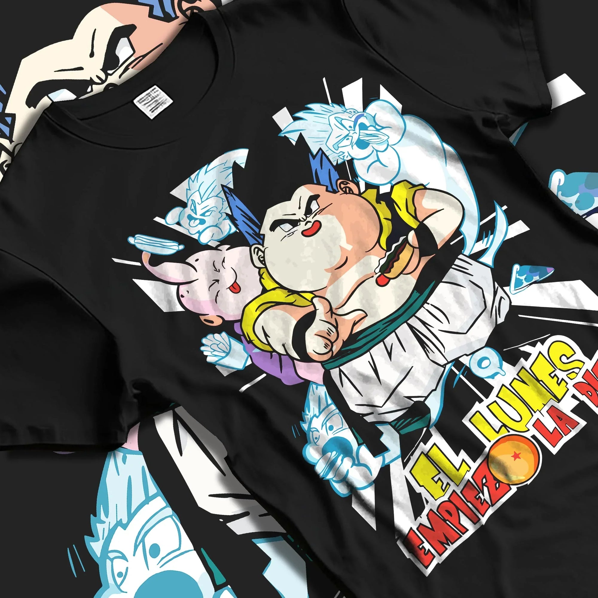 Black T-shirt laid flat with natural folds with Dragon Ball Z Hoodie Gotenks Fusion Power Jumper graphic streetwear graphic.