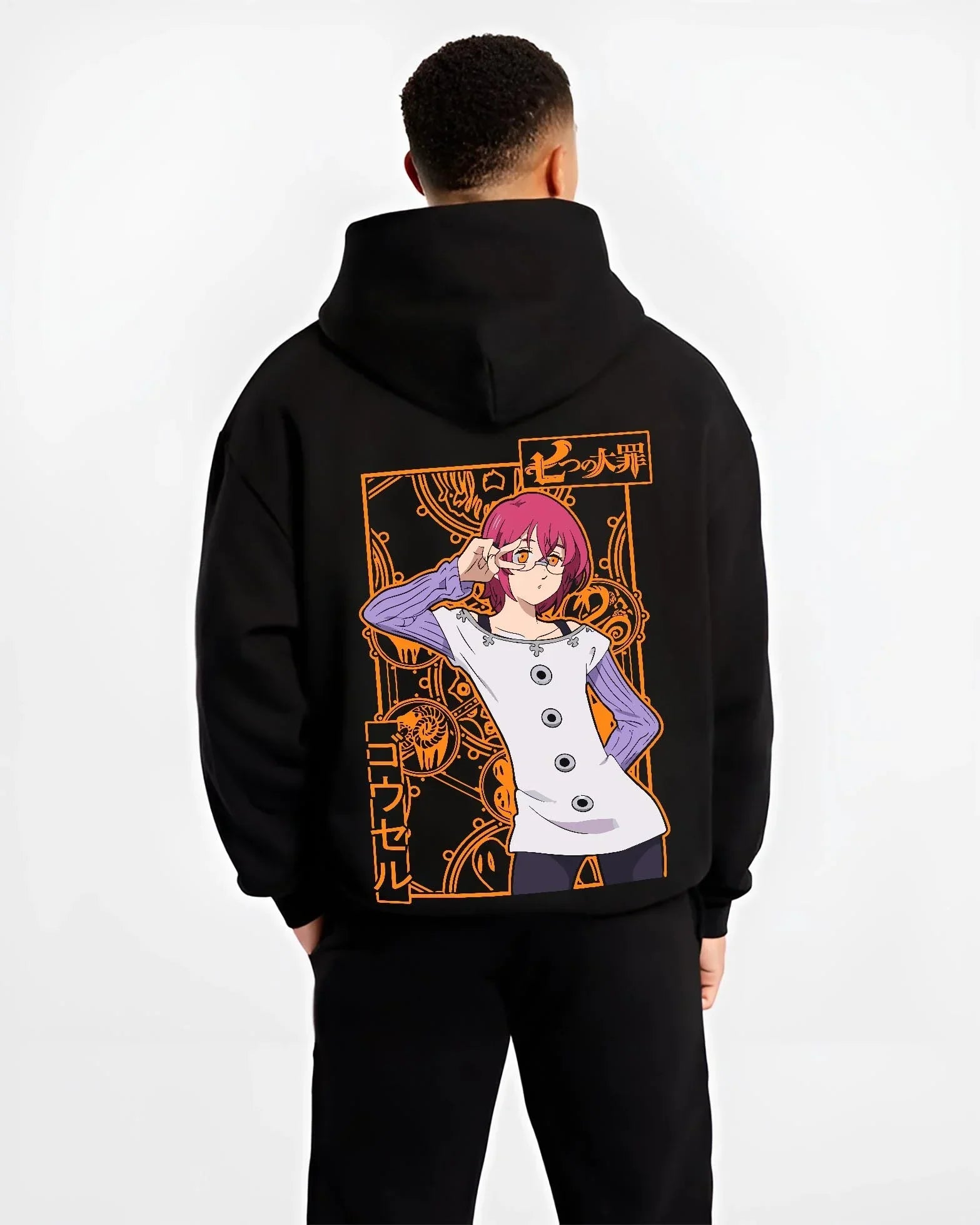 Black hoodie worn by male model, back view with Seven Deadly Sins Hoodie Gowther Sin of Lust Jumper graphic bold anime graphic.