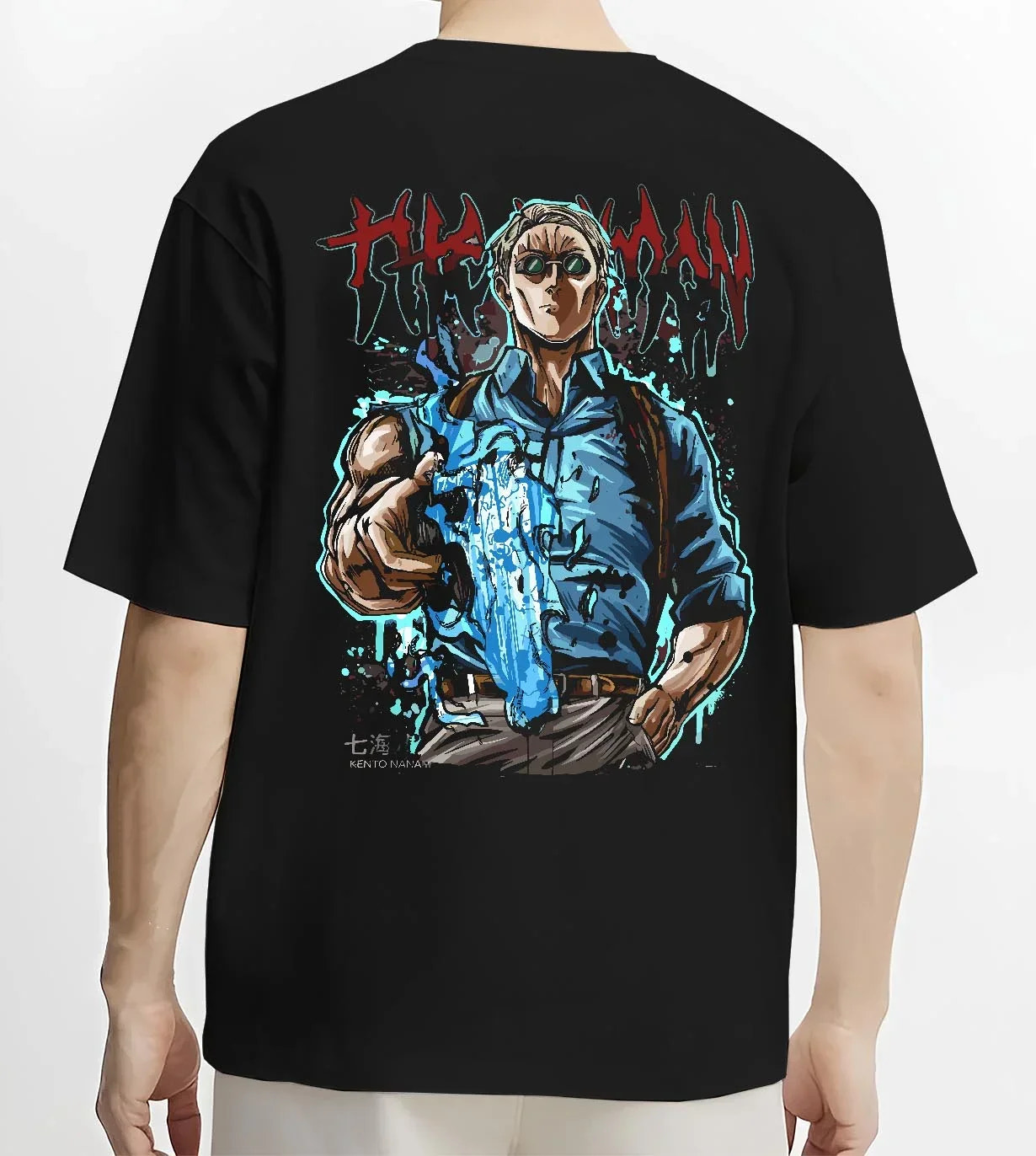 Black T-shirt worn by male model, back view, showing Japanese animation streetwear graphic of Nanami’s iconic sorcerer style.