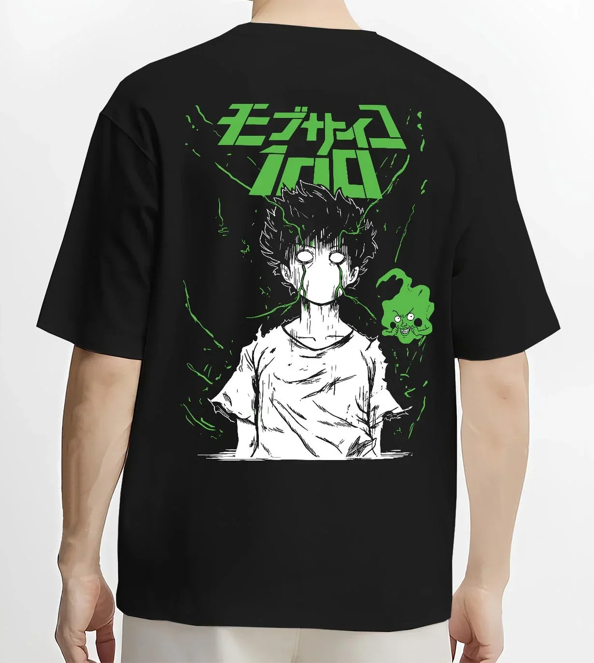Black T-shirt worn by male model, back view with Mob Psycho 100 Hoodie Green Esper Spirit Jumper graphic streetwear graphic.