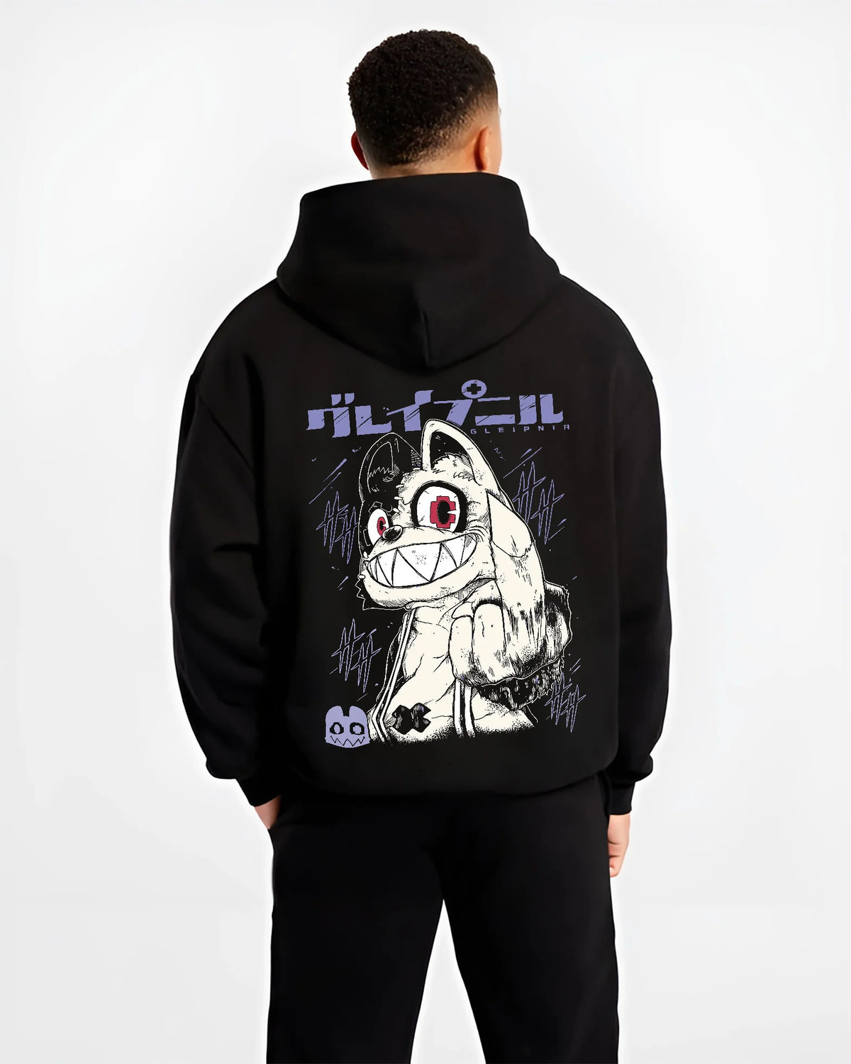 Black hoodie model back view showing Gremlin / Stripe-like creature from Gremlins: Gremlins movie character