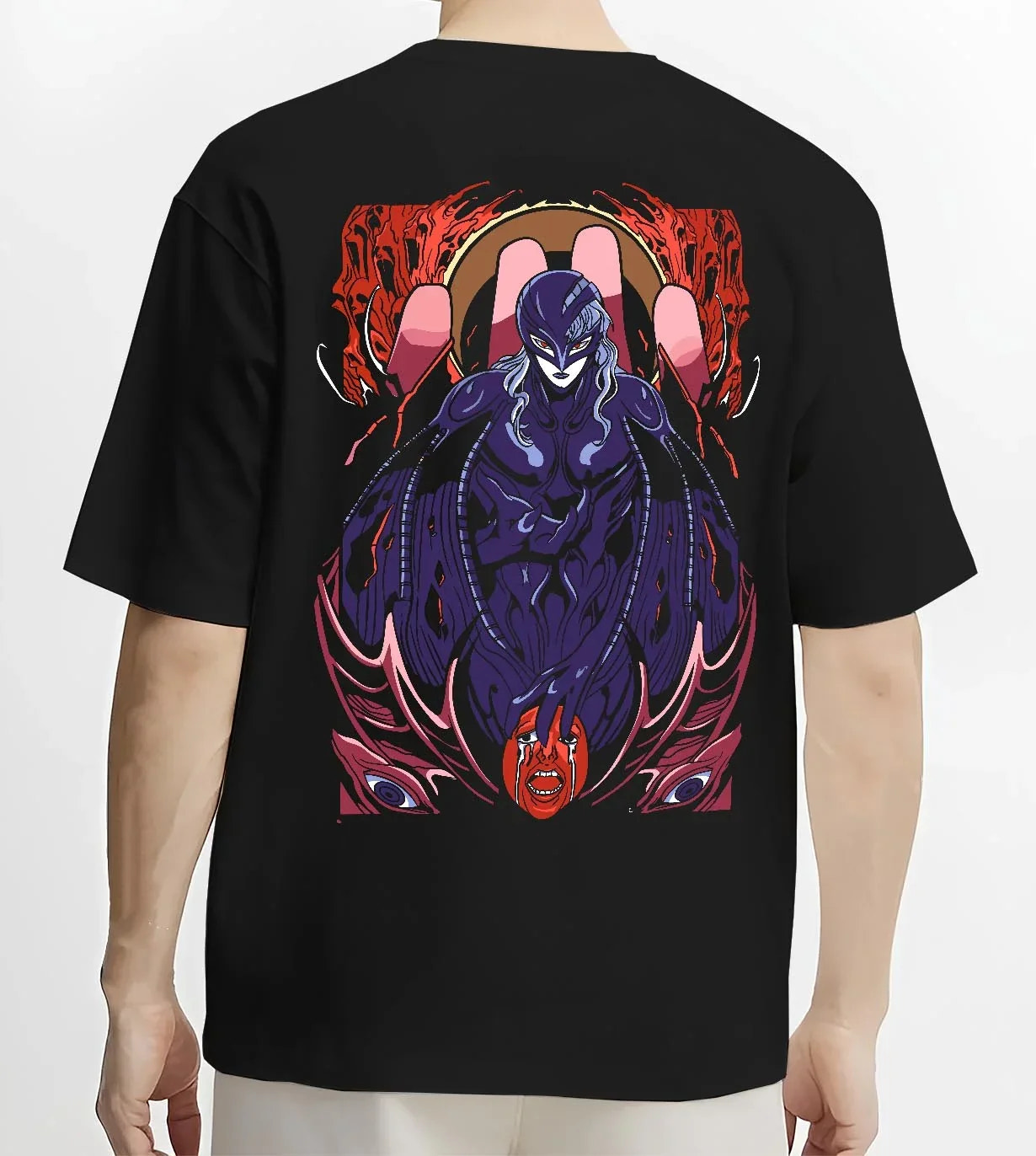 Black T-shirt worn by male model, back view, highlighting Griffith Berserk retro manga villain graphic in 90s inspired anime streetwear style.