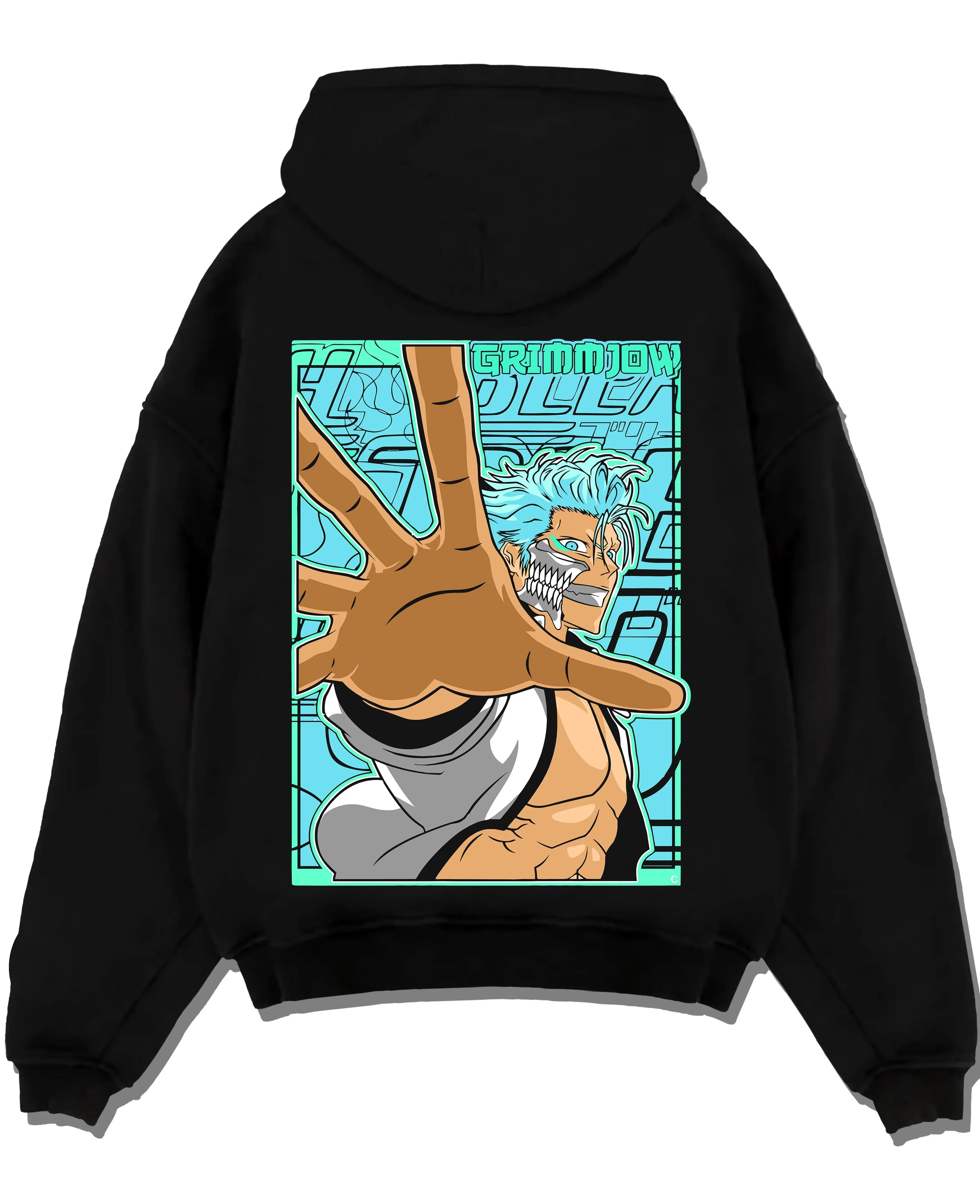 Black pullover hoodie laid flat with Bleach Hoodie Grimmjow Jaegerjaquez Panther Jumper graphic streetwear graphic.
