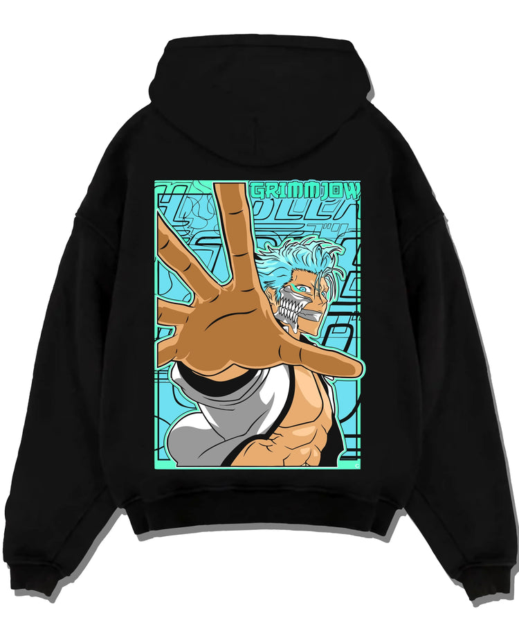 Black pullover hoodie laid flat with Bleach Hoodie Grimmjow Jaegerjaquez Panther Jumper graphic streetwear graphic.