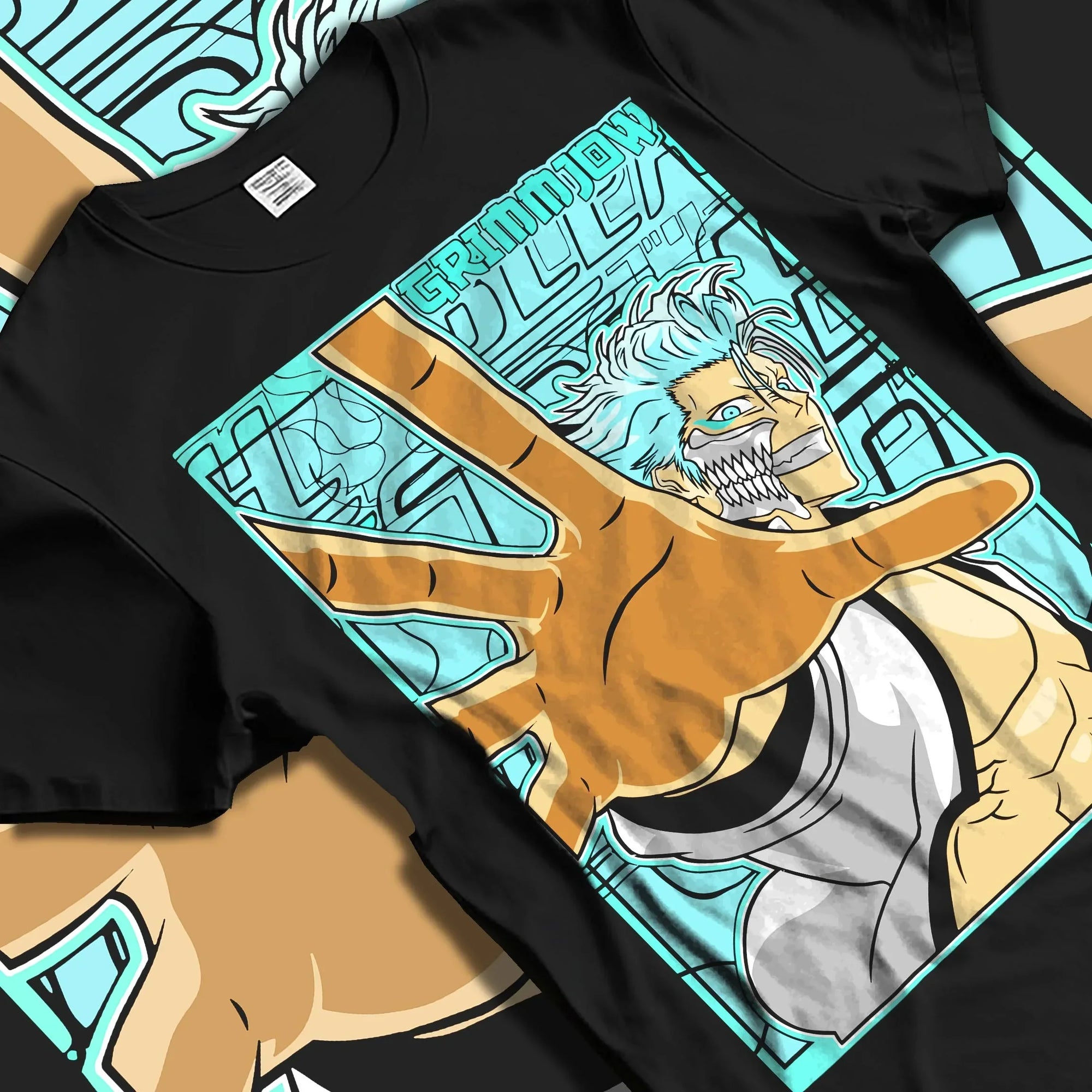 Black T-shirt laid flat with natural folds with Bleach Hoodie Grimmjow Jaegerjaquez Panther Jumper graphic premium wear.