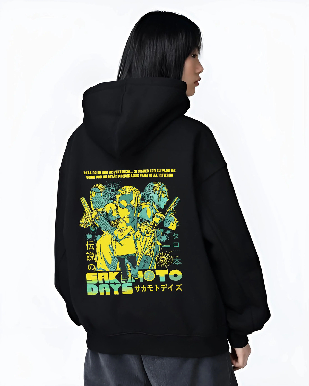 Black hoodie worn by female model from the back featuring Sakamoto Days trio action artwork.