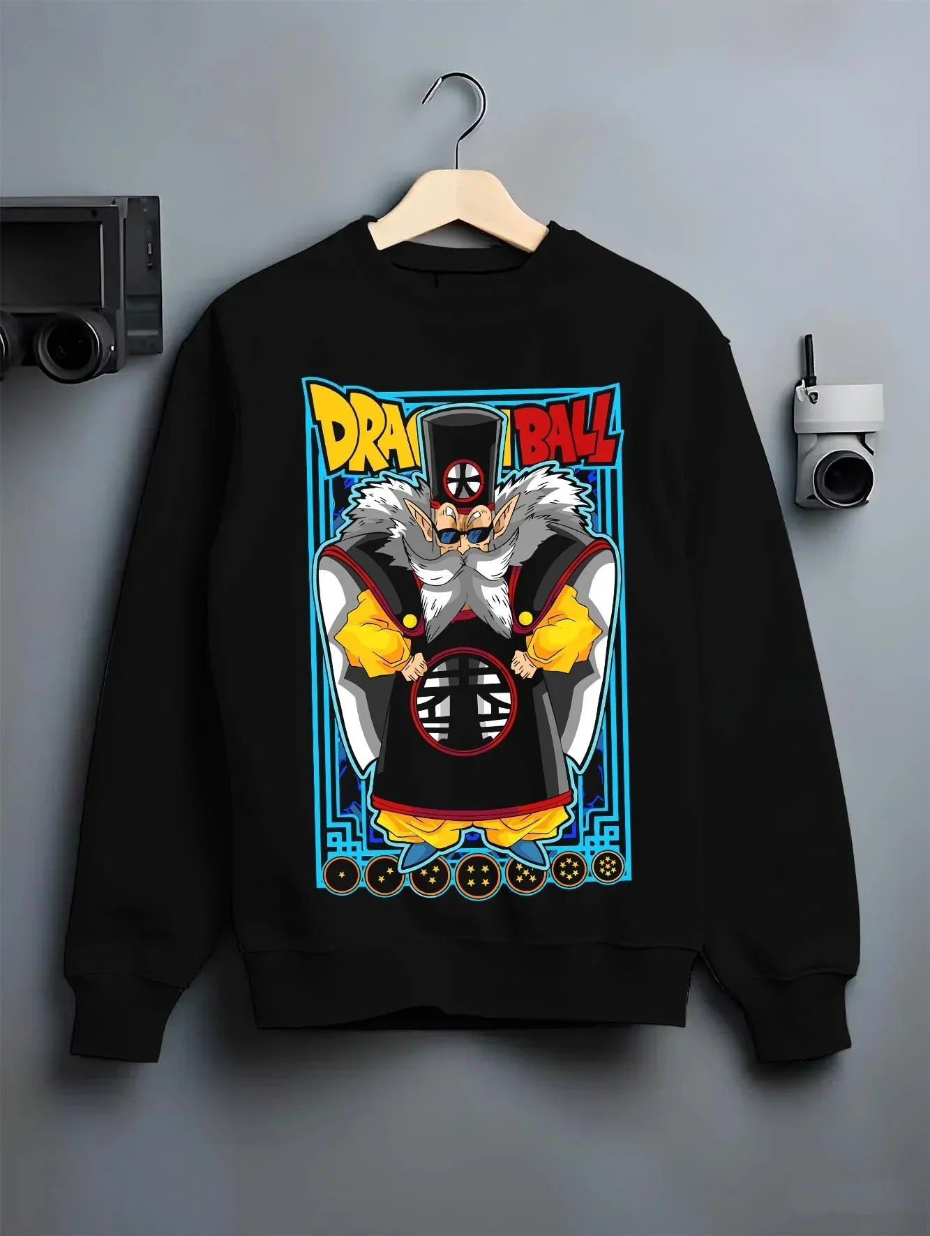 Black crewneck sweatshirt on hanger with Dragon Ball Z Hoodie Dr Gero Android Creator Jumper graphic streetwear graphic.