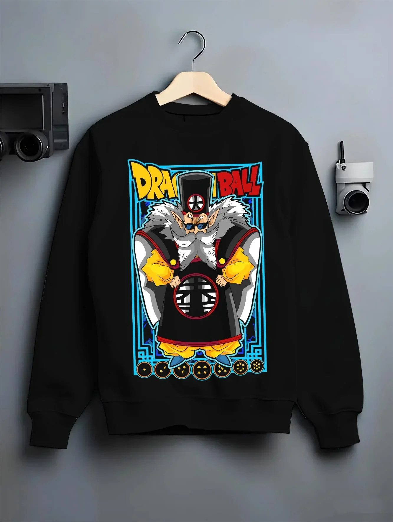 Black crewneck sweatshirt on hanger with Dragon Ball Z Hoodie Dr Gero Android Creator Jumper graphic streetwear graphic.