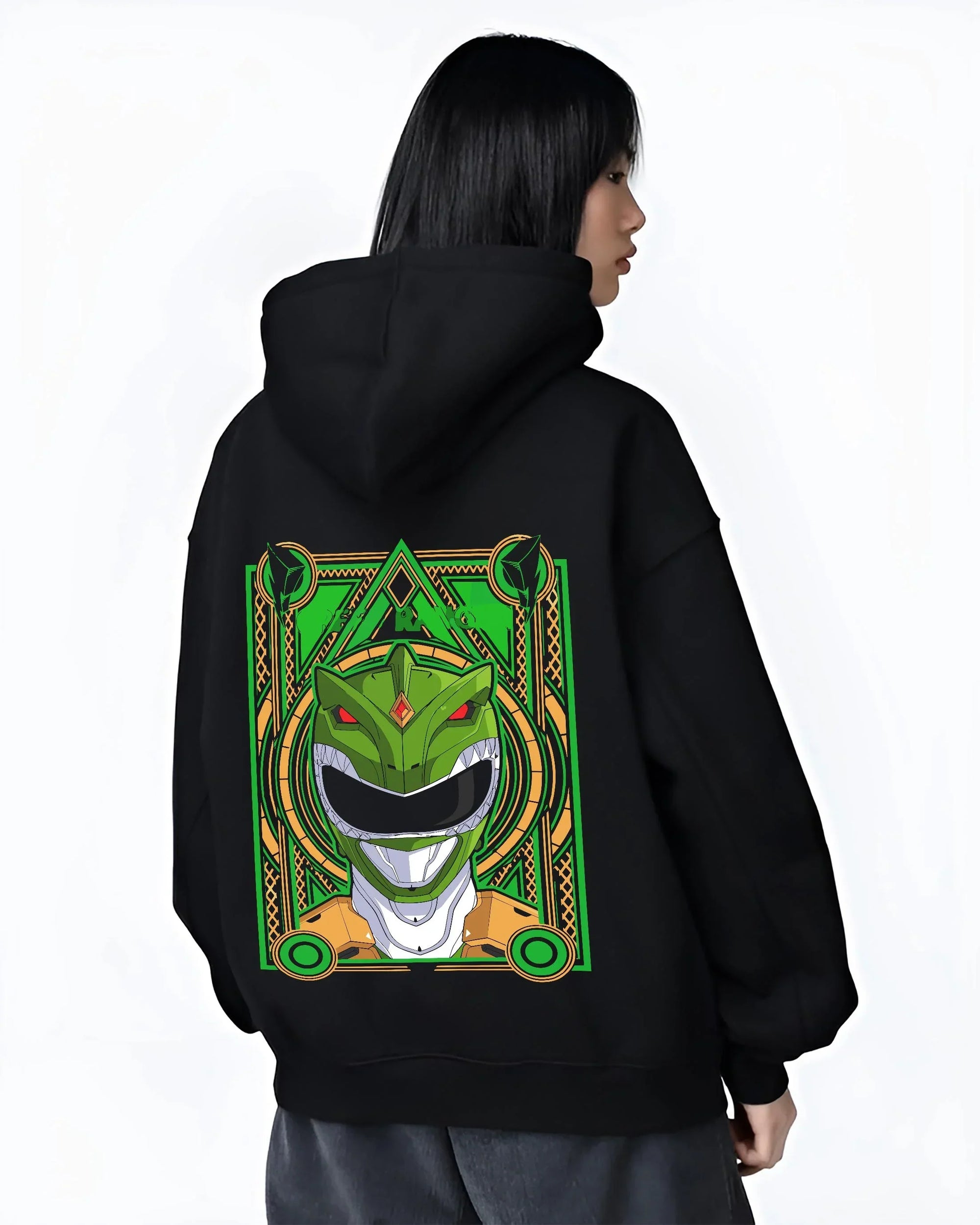 Black hoodie worn by female model, back view with Power Rangers Hoodie Green Ranger Legacy Jumper graphic bold anime graphic.