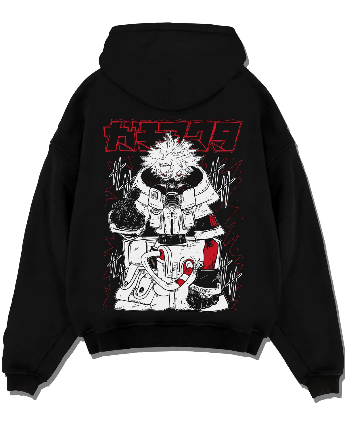 Black pullover hoodie laid flat on white background, featuring Rudo Gachiakuta dark manga panel artwork with gritty streetwear battle aesthetic.