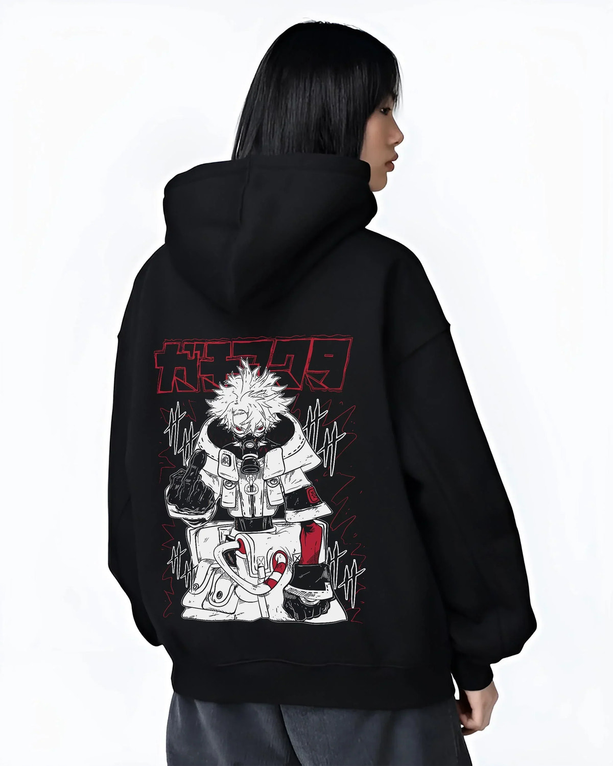 Black hoodie worn by female model, back view, featuring Rudo from Gachiakuta in retro streetwear graphic style with anime poster inspired artwork.