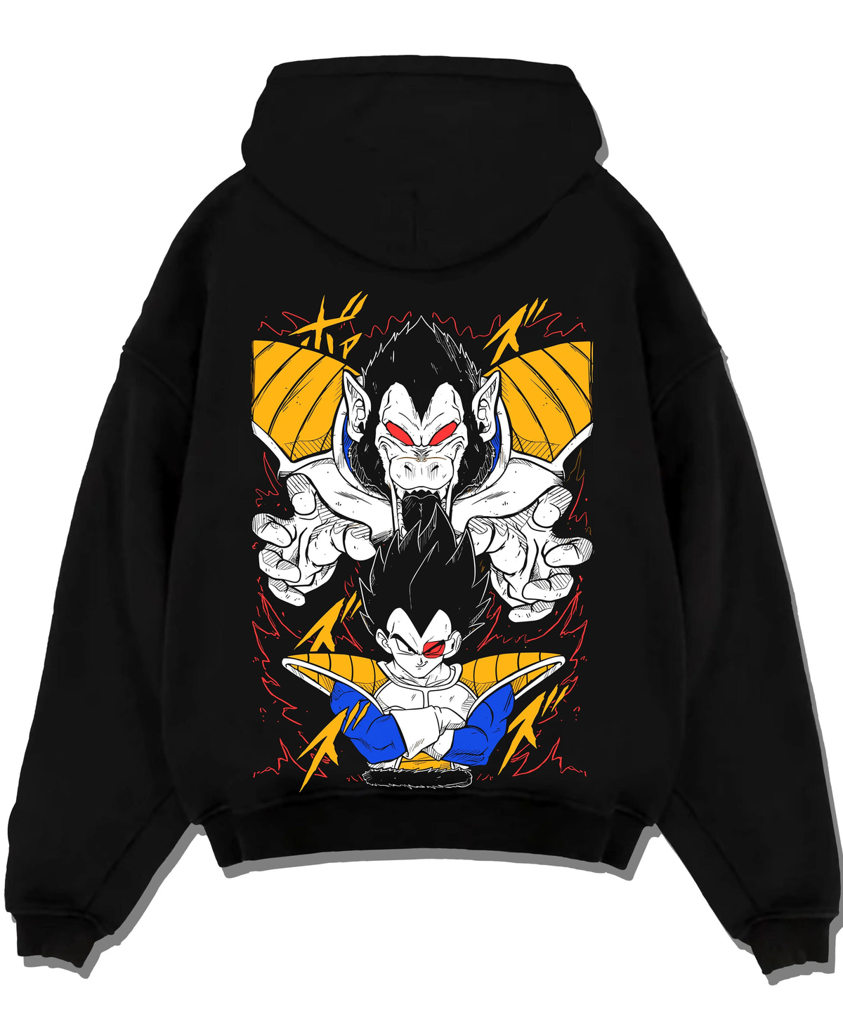 Black hoodie laid flat featuring Saiyan Great Ape transformation artwork.