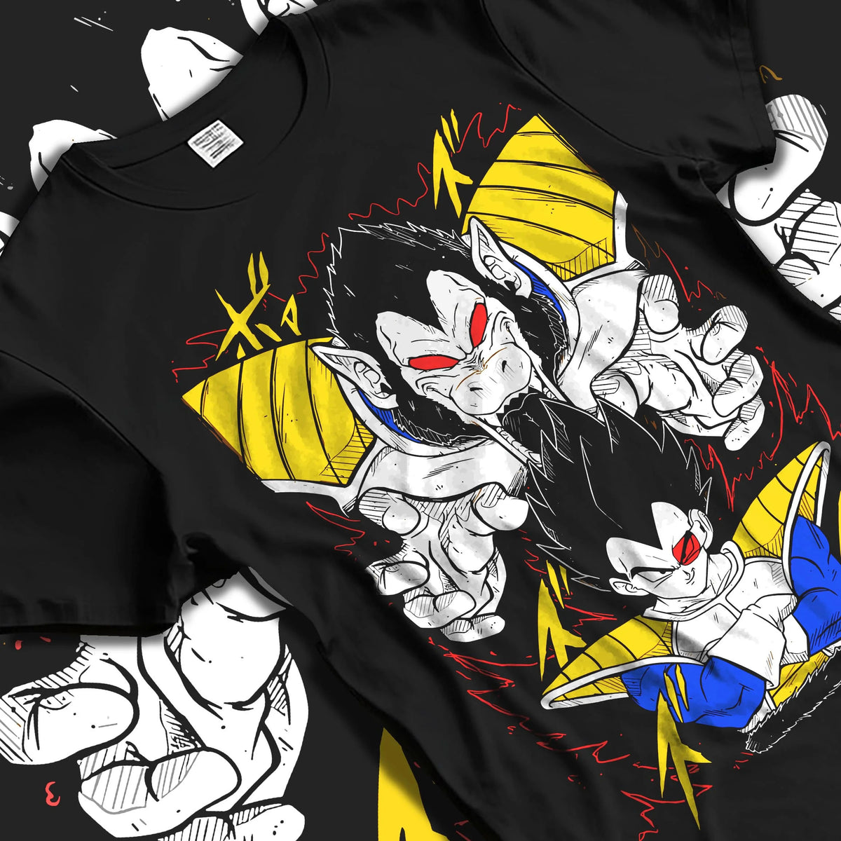 Black T-shirt laid flat with natural folds featuring Saiyan Great Ape transformation artwork.