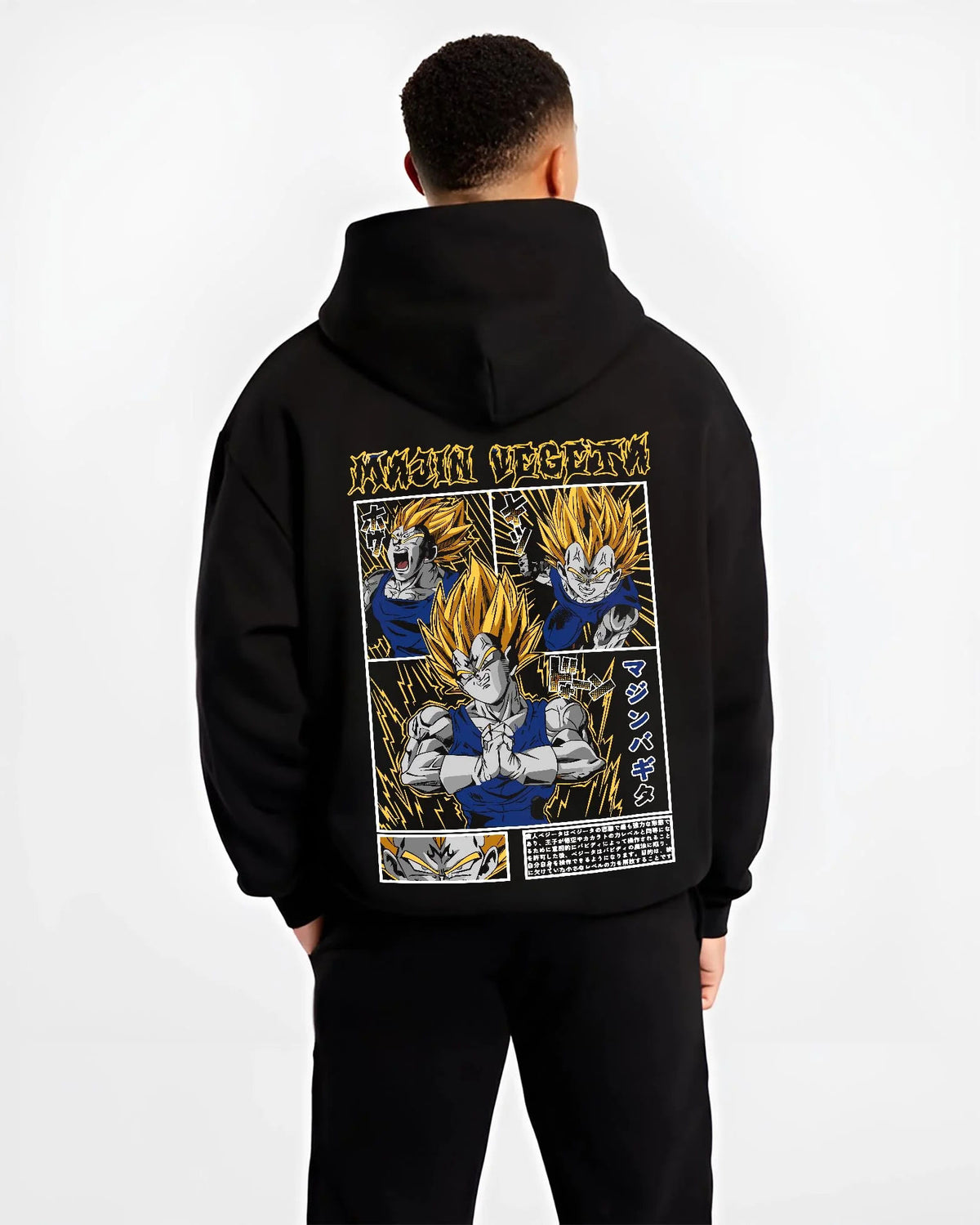 Black hoodie worn by male model from the back featuring Vegeta Saiyan armour battle artwork.