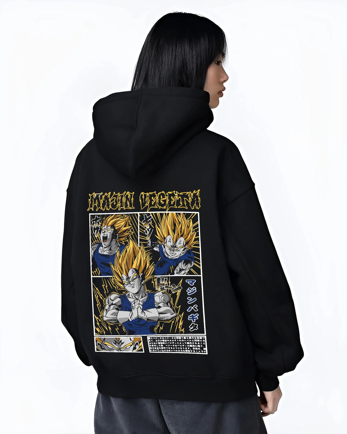 Black hoodie worn by female model from the back featuring Vegeta Saiyan armour battle artwork.