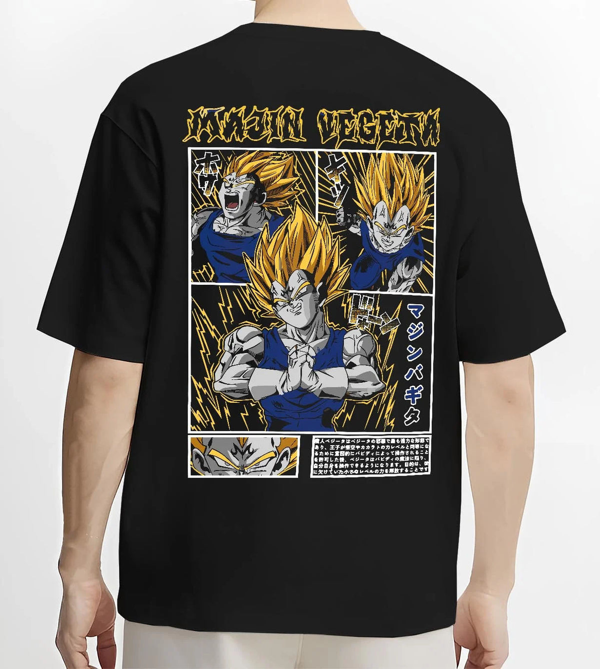 Black T-shirt worn by male model from the back featuring Vegeta Saiyan armour battle artwork.