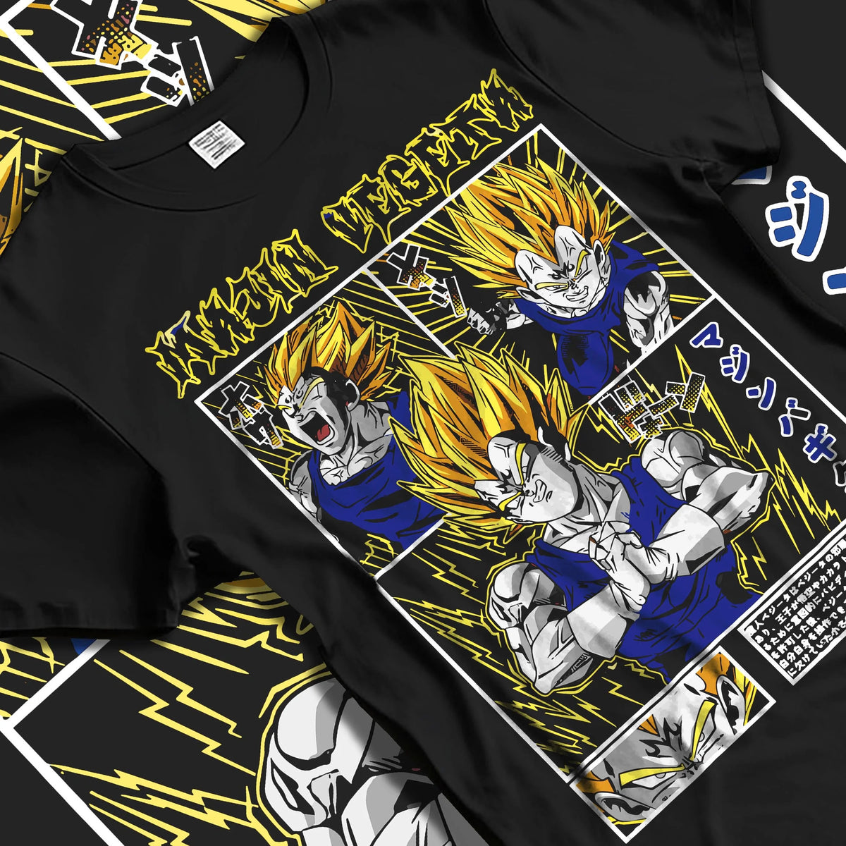 Black T-shirt laid flat with natural folds featuring Vegeta Saiyan armour battle artwork.