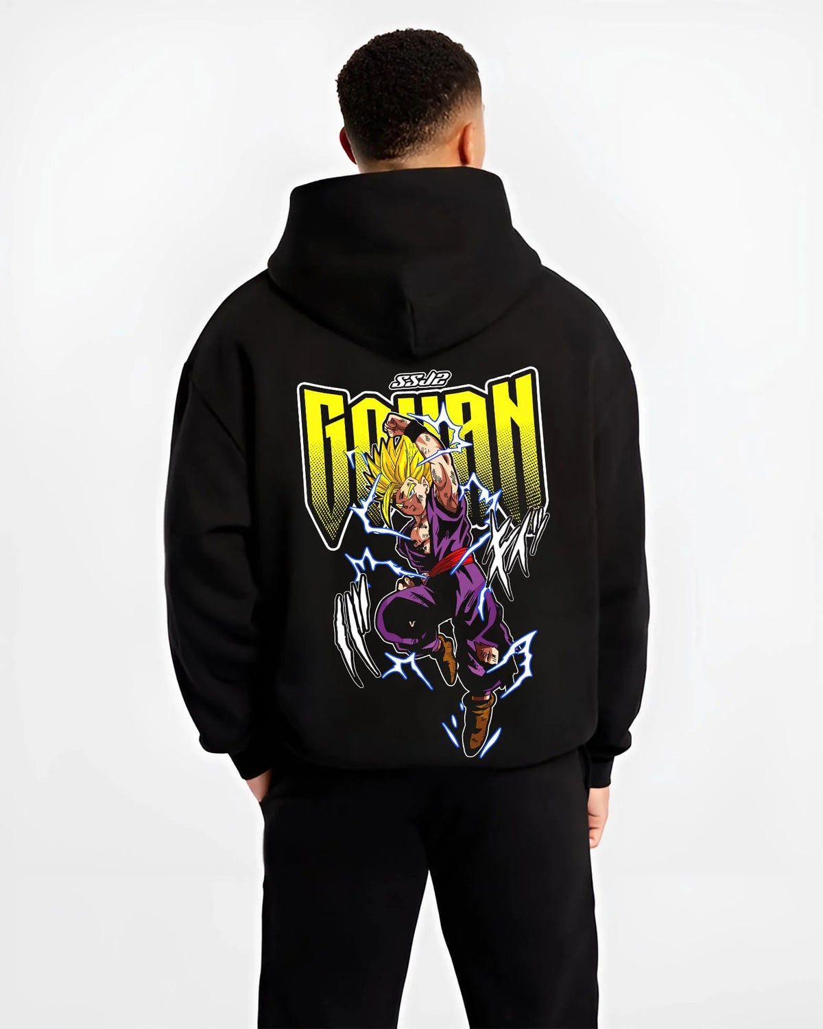 Black hoodie worn by male model from the back featuring Gohan Super Hero Saiyan lightning artwork.