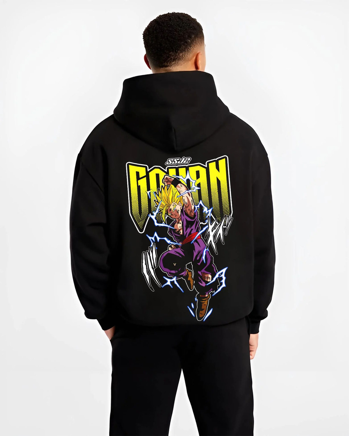 Black hoodie worn by male model from the back featuring Gohan Super Hero Saiyan lightning artwork.
