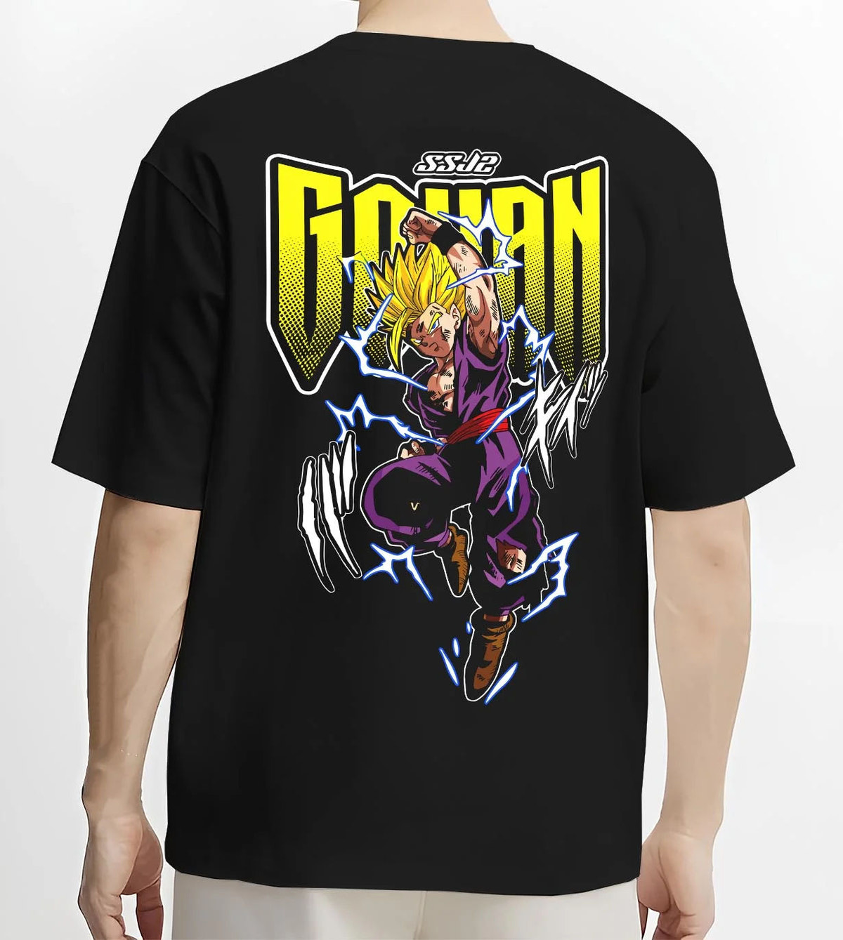 Black T-shirt worn by male model from the back featuring Gohan Super Hero Saiyan lightning artwork.