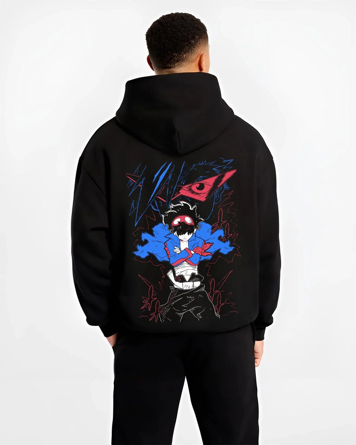 Black hoodie worn by male model, back view with Gurren Lagann Hoodie Simon Kamina Mecha Jumper graphic streetwear graphic.