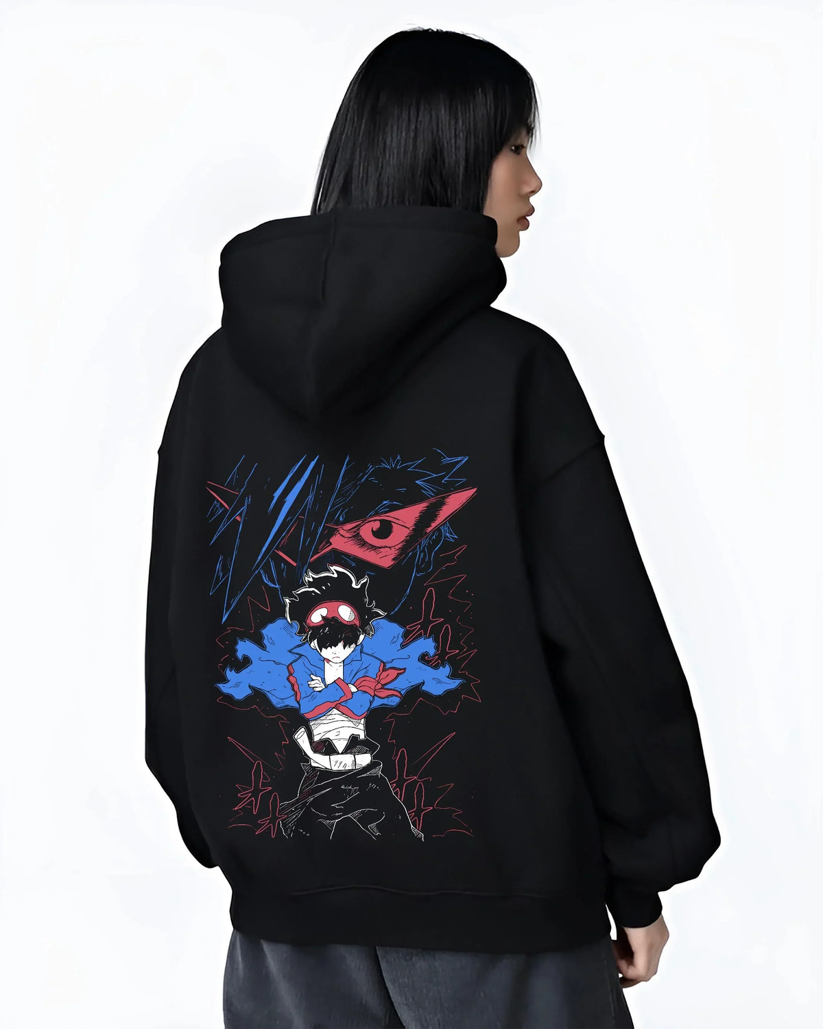 Black hoodie worn by female model, back view with Gurren Lagann Hoodie Simon Kamina Mecha Jumper graphic bold anime graphic.