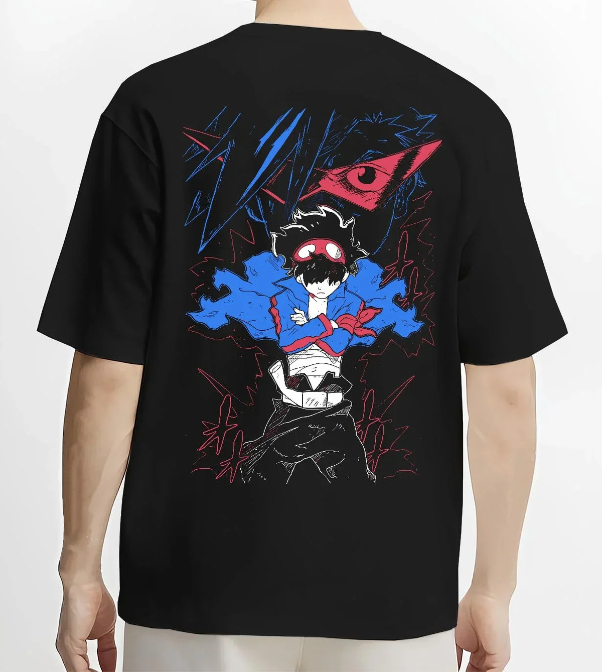 Black T-shirt worn by male model, back view with Gurren Lagann Hoodie Simon Kamina Mecha Jumper graphic premium wear.