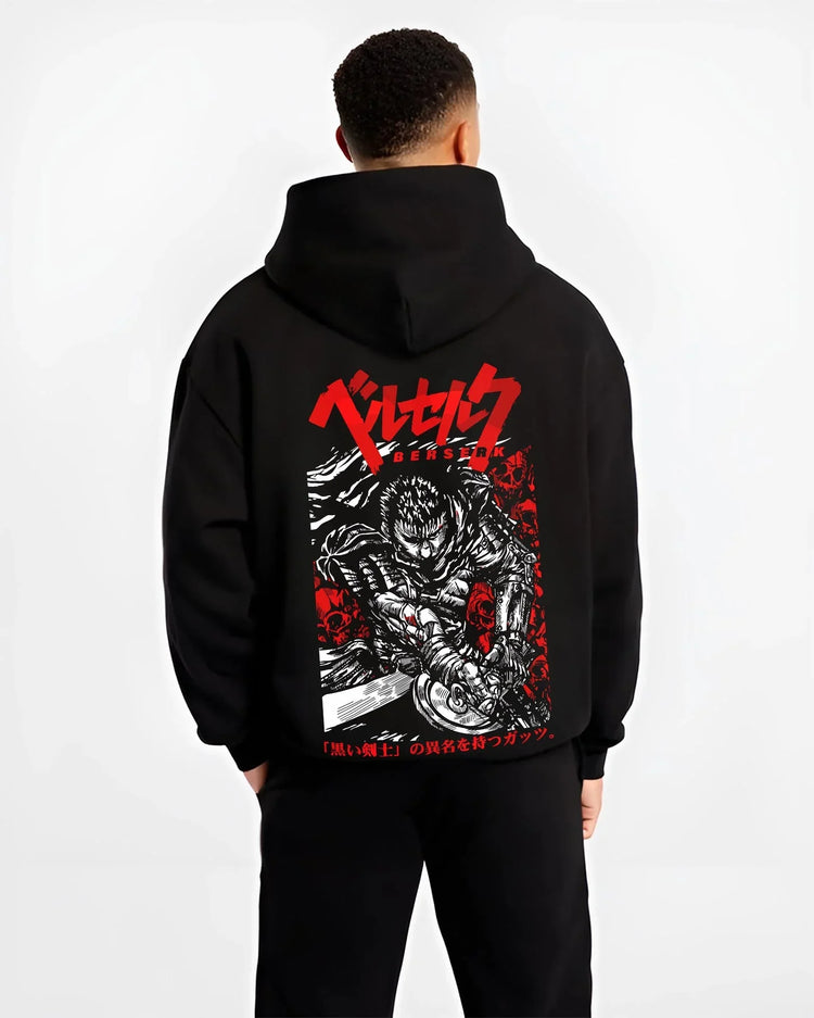Black hoodie worn by male model, back view with Guts Hoodie Berserk Classic Dragonslayer Dark Rage graphic streetwear graphic.