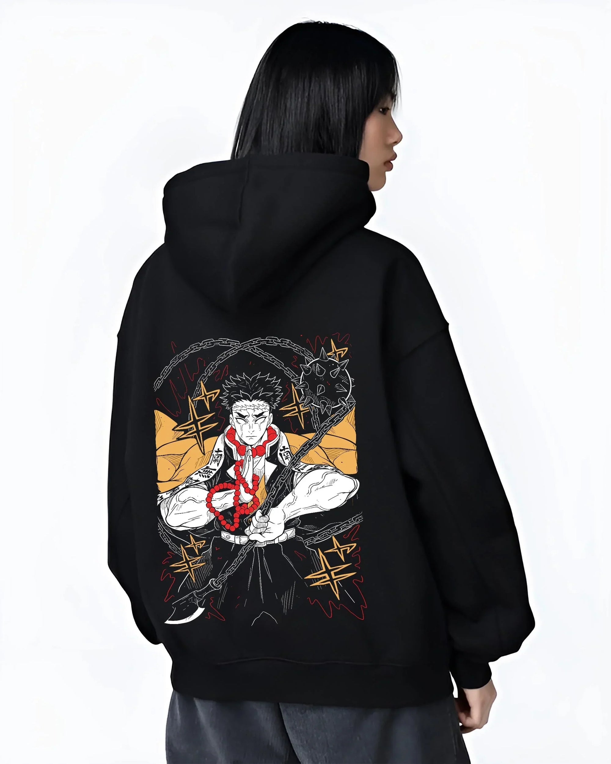 Black hoodie worn by female model, back view with Demon Slayer Hoodie Gyomei Himejima Strong Pillar graphic bold anime graphic.