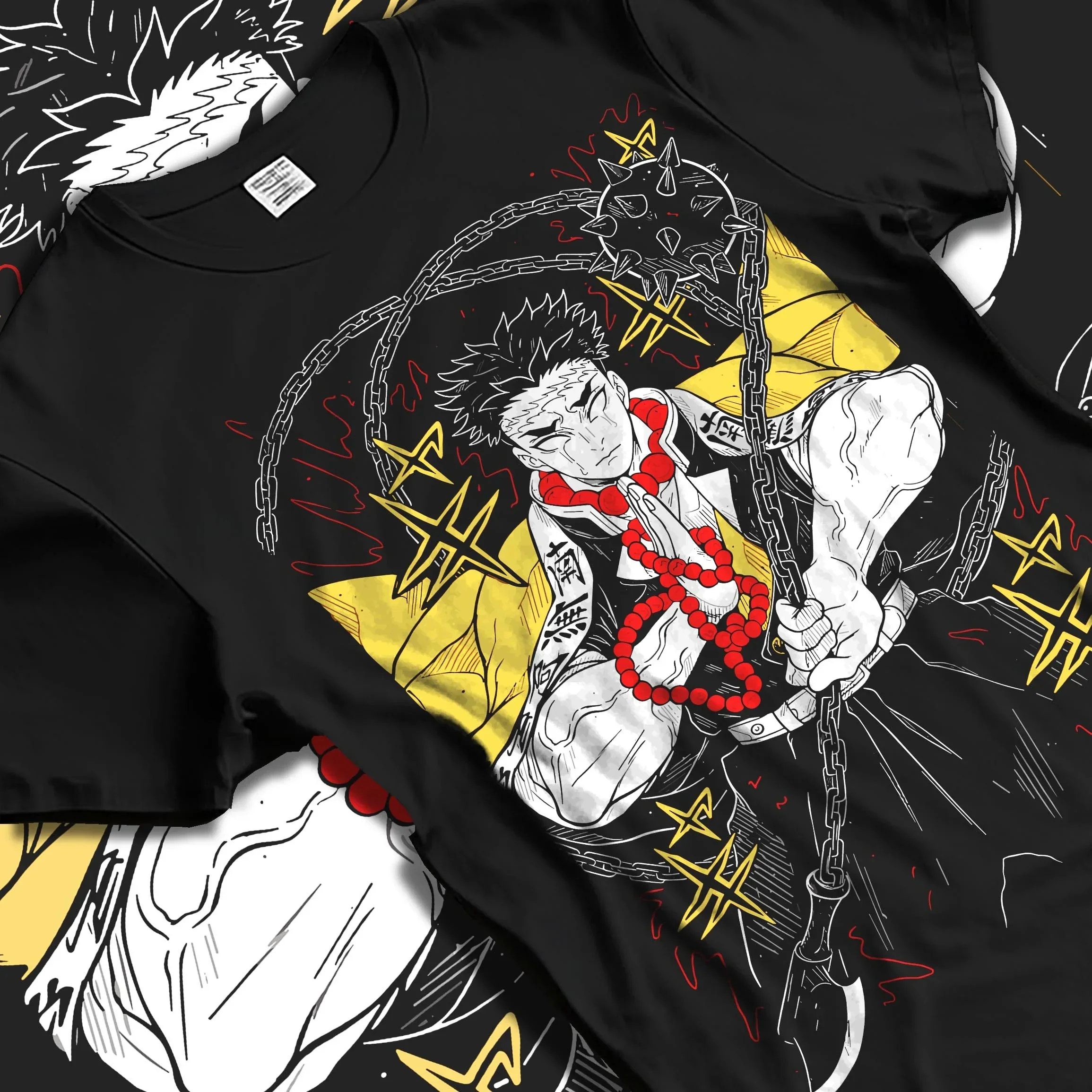 Black T-shirt laid flat with natural folds with Demon Slayer Hoodie Gyomei Himejima Strong Pillar graphic premium wear.