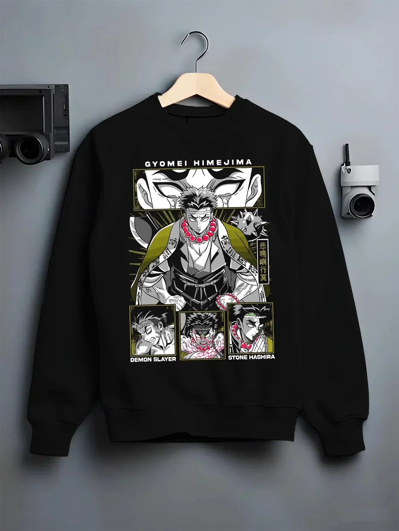 Black crewneck sweatshirt on hanger with Demon Slayer Hoodie Gyomei Himejima Stone Hashira graphic streetwear graphic.