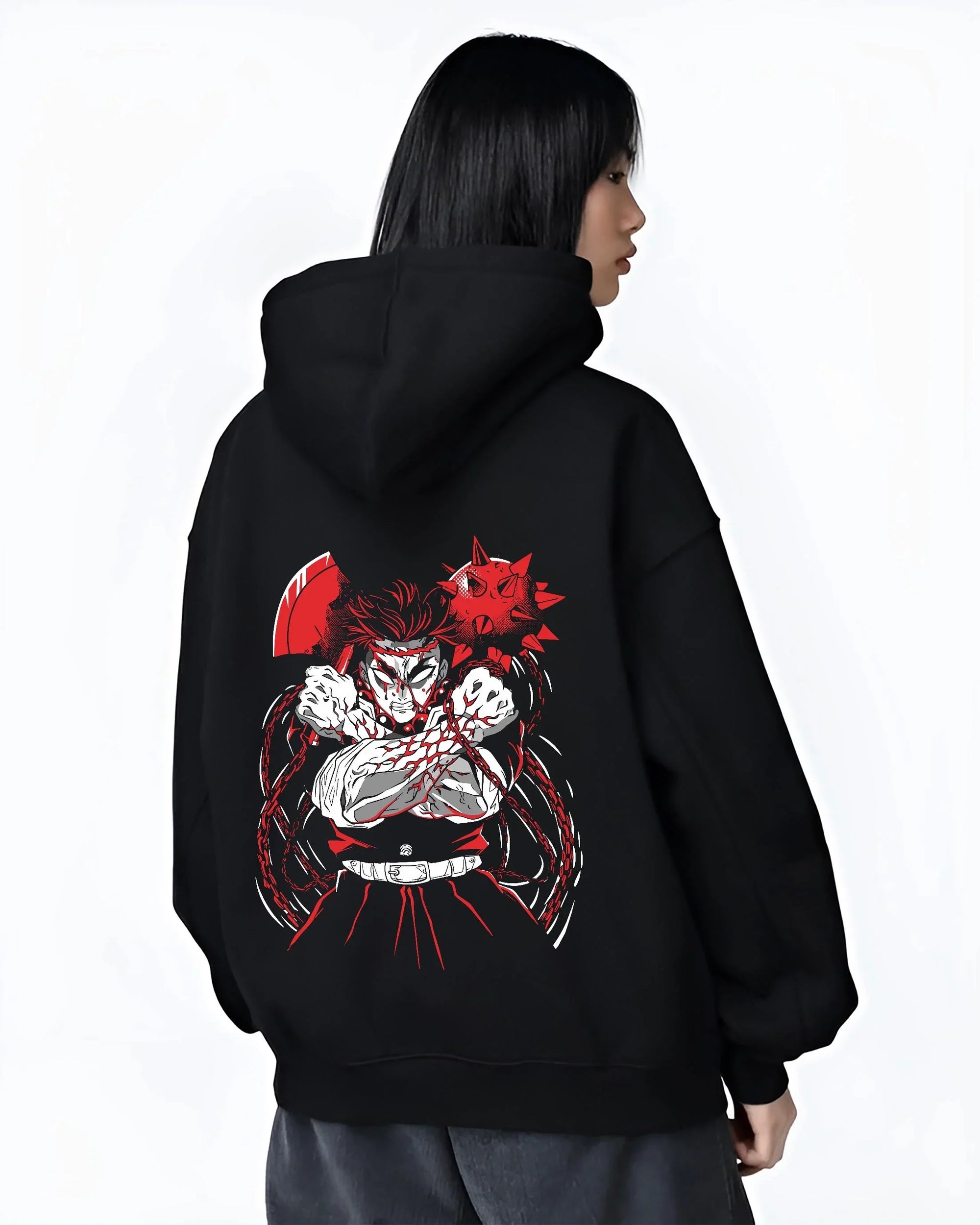 Black hoodie worn by female model, back view with Demon Slayer Hoodie Gyomei Himejima Stone Strength graphic bold anime graphic.