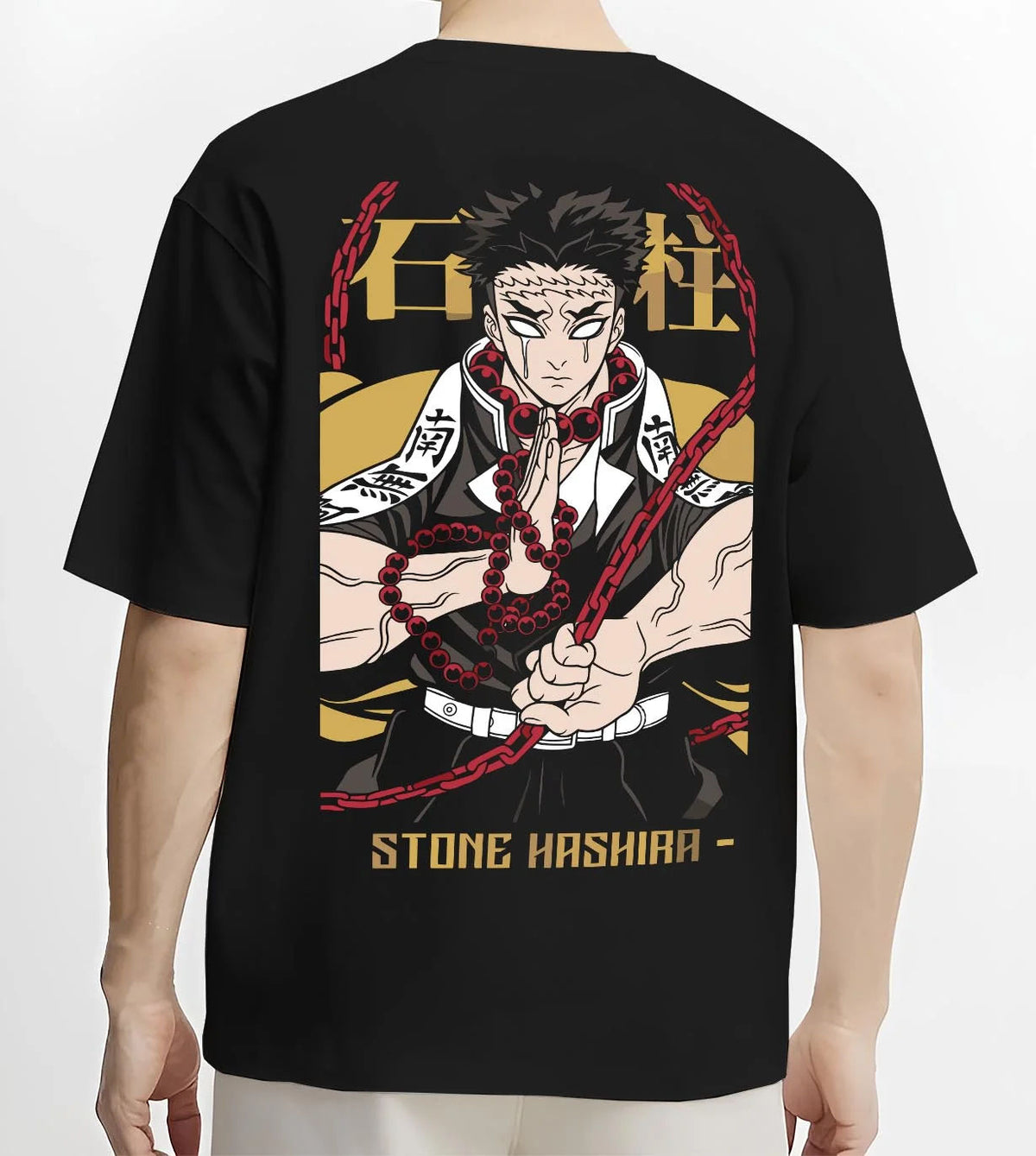 Black T-shirt worn by male model from the back featuring Gyomei Himejima Stone Hashira prayer artwork.