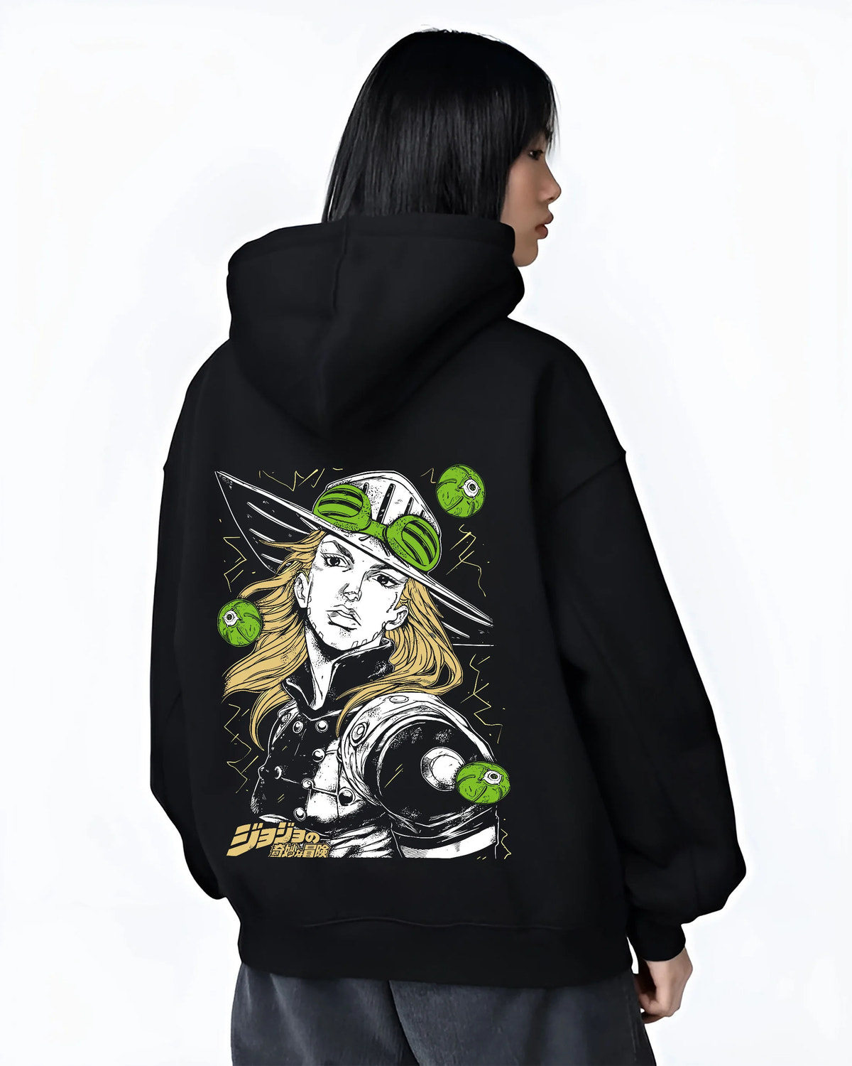 Black hoodie female model back view showing Gyro Zeppeli from JoJo’s Bizarre Adventure: steel-ball fighter portrait