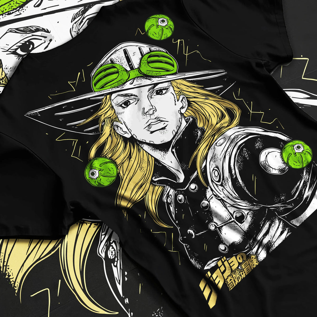 Black T-shirt flat back view showing Gyro Zeppeli from JoJo’s Bizarre Adventure: steel-ball fighter portrait