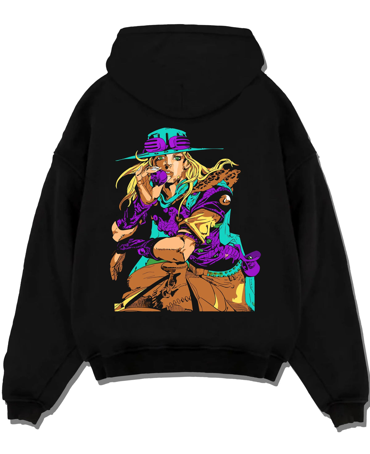 Black pullover hoodie laid flat with JoJo’s Bizarre Adventure Hoodie Gyro Zeppeli Jumper graphic premium wear.