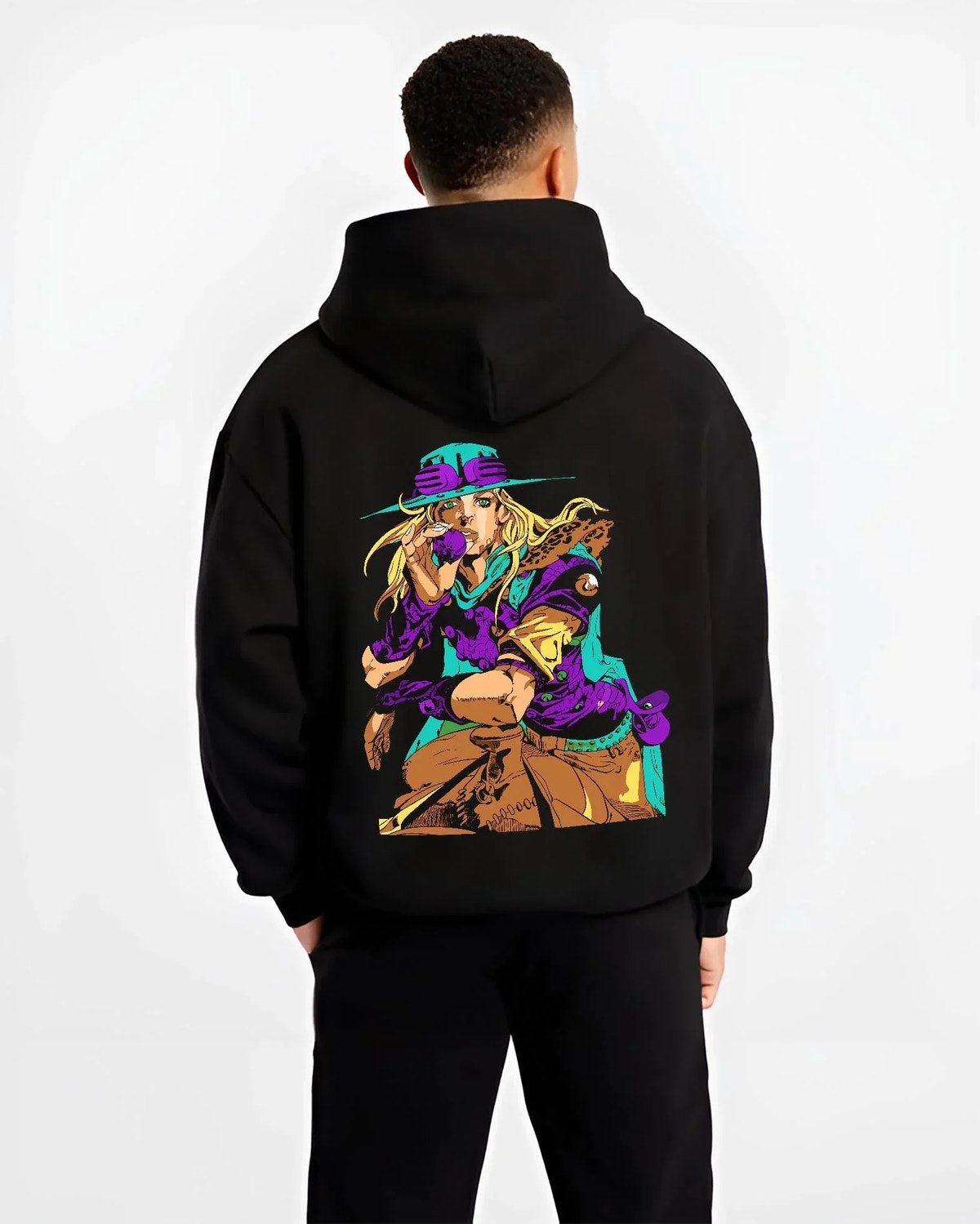 Black hoodie worn by male model, back view with JoJo’s Bizarre Adventure Hoodie Gyro Zeppeli Jumper graphic premium wear.