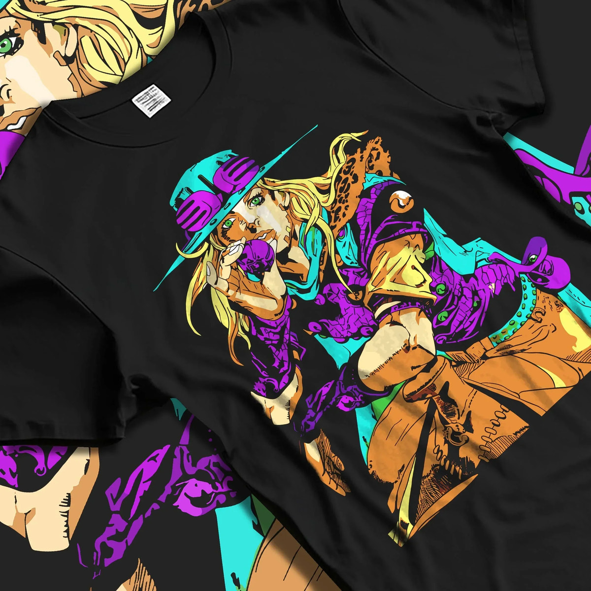 Black T-shirt laid flat with natural folds with JoJo’s Bizarre Adventure Hoodie Gyro Zeppeli Jumper graphic bold anime graphic.