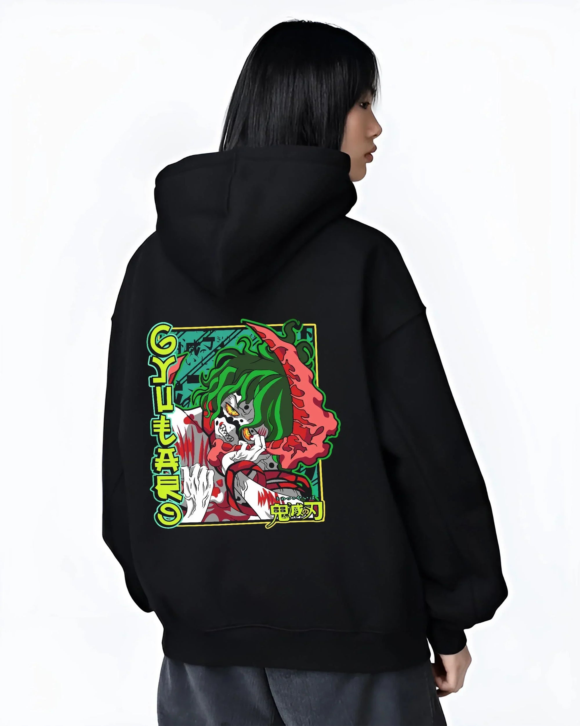 Black hoodie worn by female model, back view with Demon Slayer Hoodie Gyutaro Upper Moon Power Jumper graphic streetwear graphic.