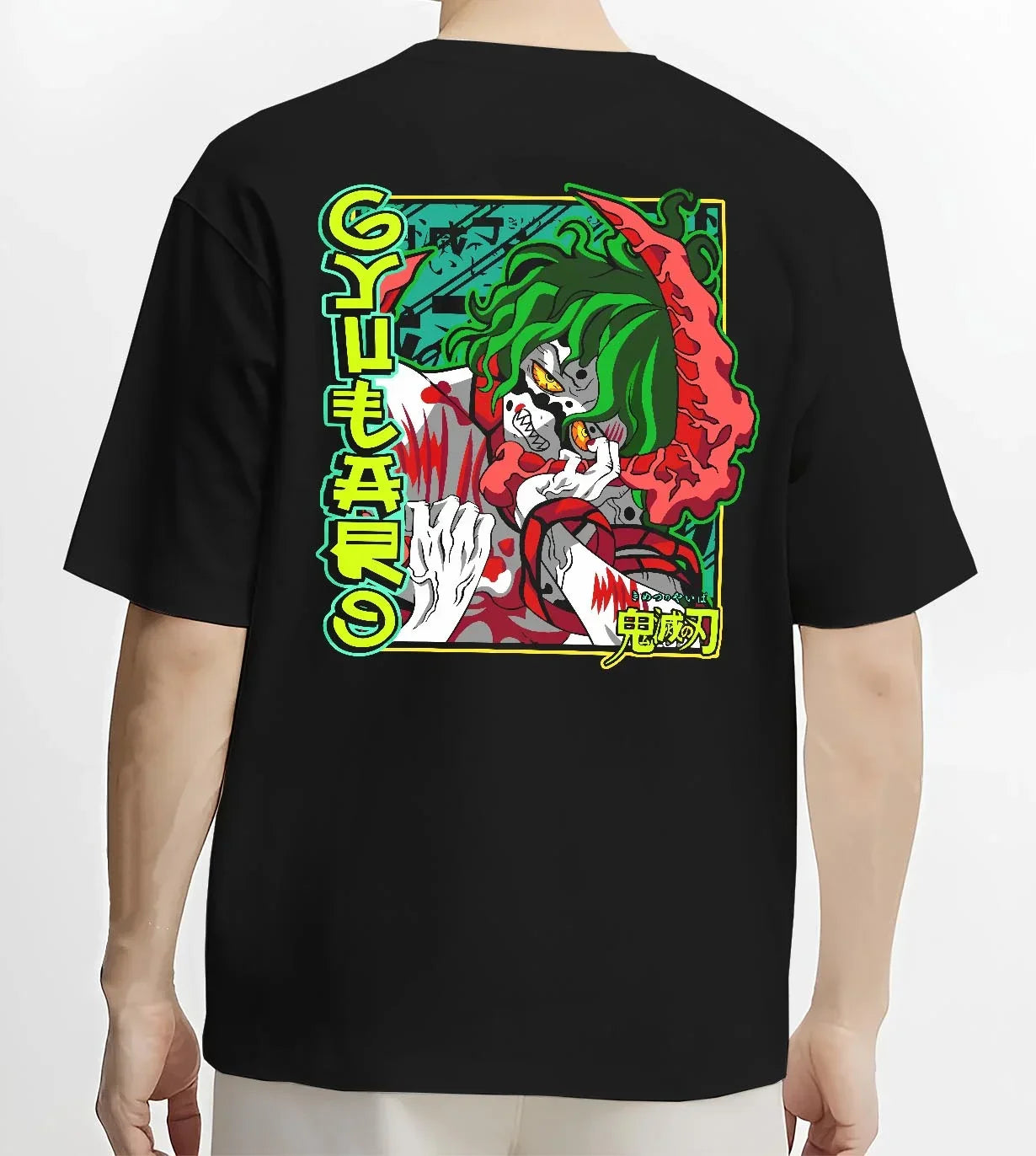 Black T-shirt worn by male model, back view with Demon Slayer Hoodie Gyutaro Upper Moon Power Jumper graphic premium wear.