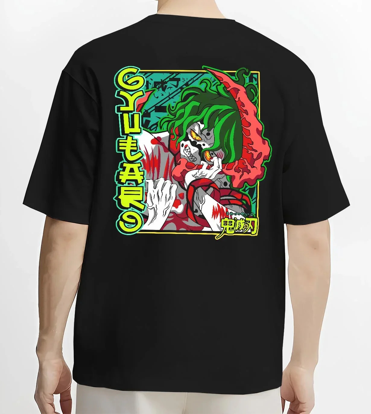 Black T-shirt worn by male model, back view with Demon Slayer Hoodie Gyutaro Upper Moon Power Jumper graphic premium wear.