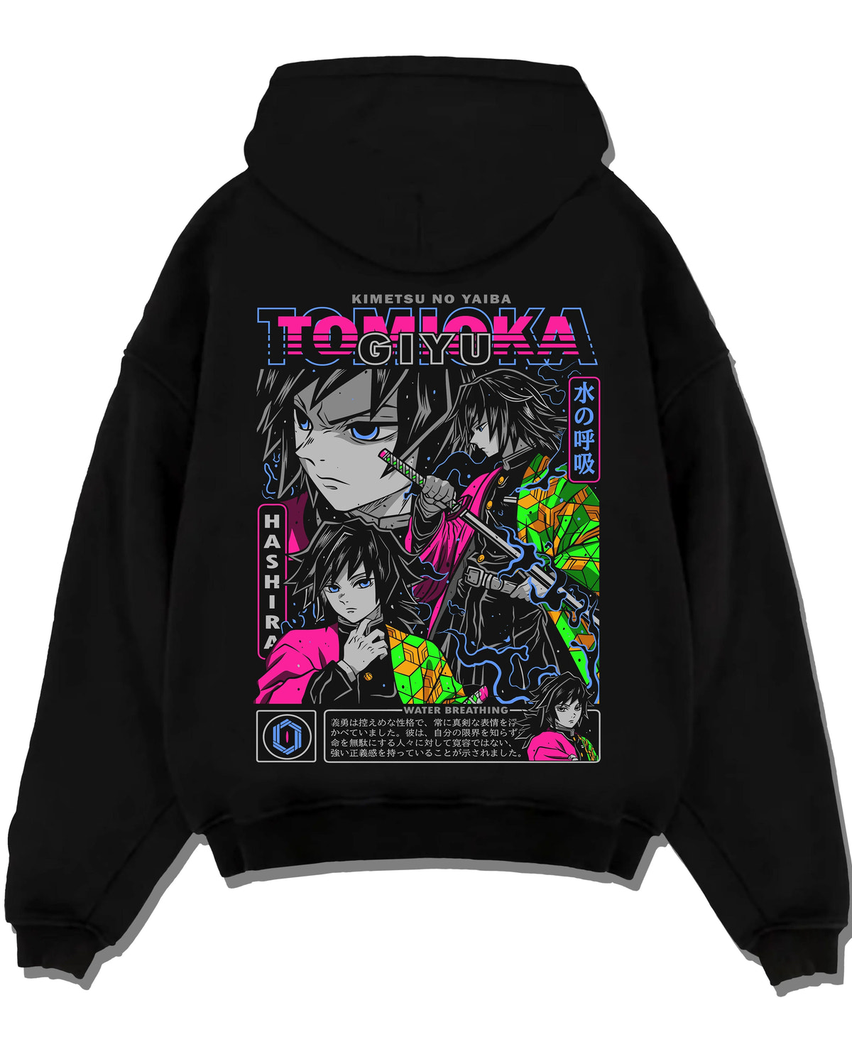 Black hoodie laid flat featuring Giyu Tomioka Water Hashira sword artwork.