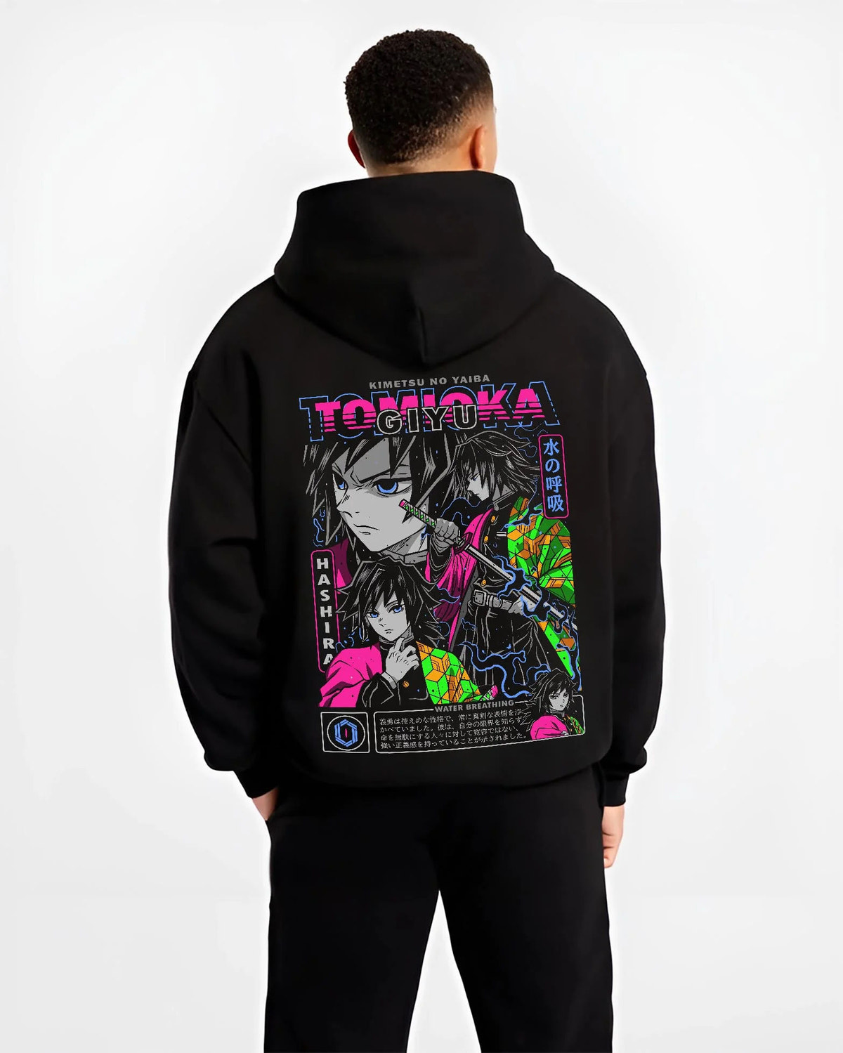 Black hoodie worn by male model from the back featuring Giyu Tomioka Water Hashira sword artwork.