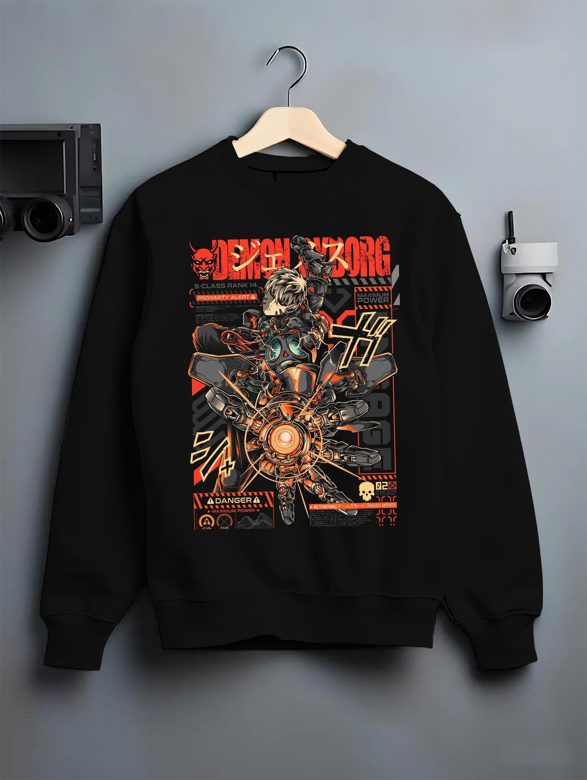 Black crewneck sweatshirt on a hanger against a grey wall, featuring One Punch Man Genos cyberpunk anime aesthetic design with futuristic retro mecha artwork print.