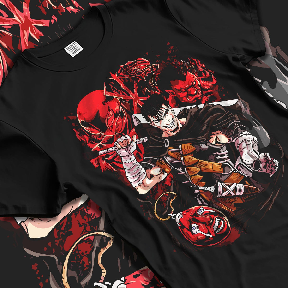 Black T-shirt laid flat with natural fabric folds, featuring Berserk Guts with Apostles, retro manga graphic design and neo-noir horror poster aesthetic.