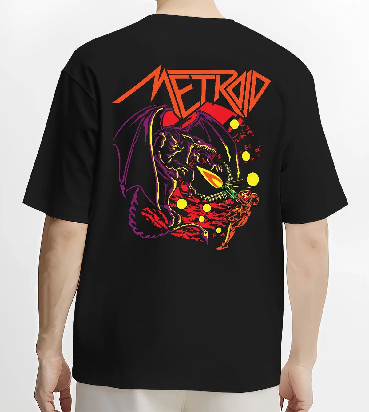 Black T-shirt worn by male model from the back featuring Ryu Hadouken dragon energy artwork.