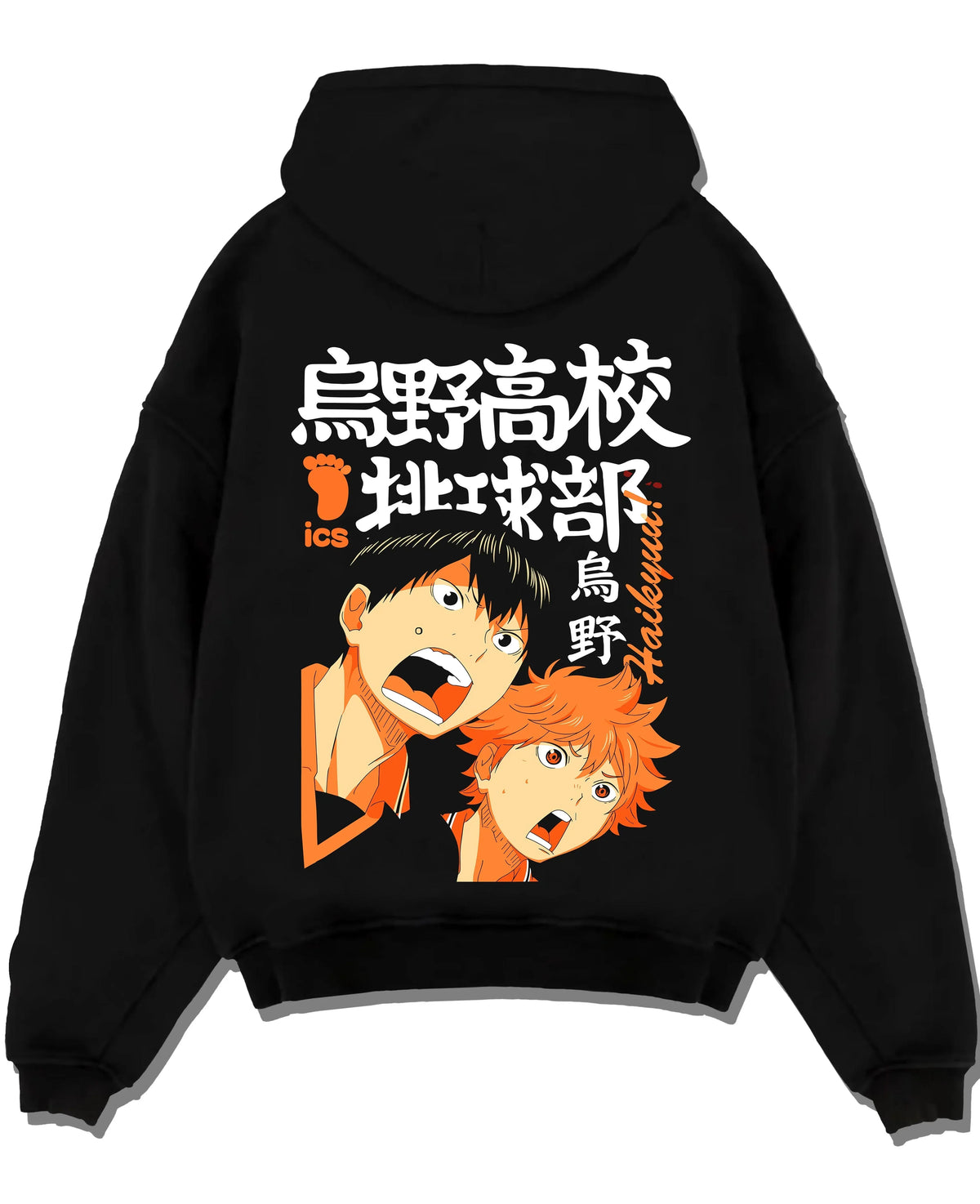 Black pullover hoodie laid flat with Haikyuu Hoodie Shoyo Hinata Karasuno Jump Jumper graphic premium wear.